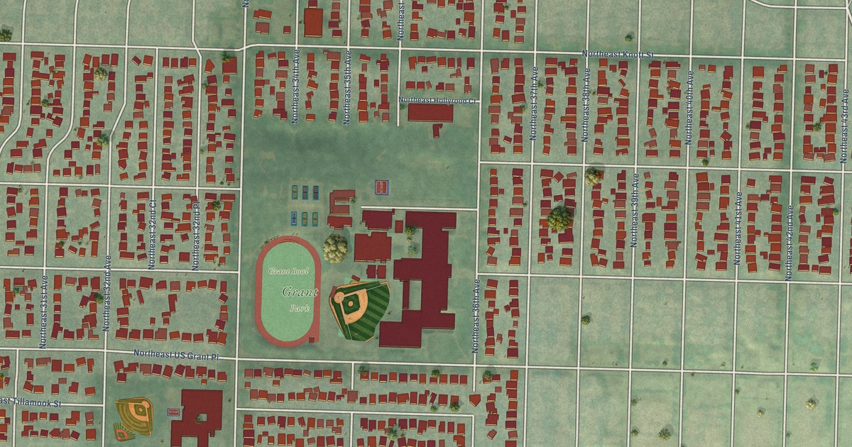 Close-up of streets and buildings in Grant Park, Oregon