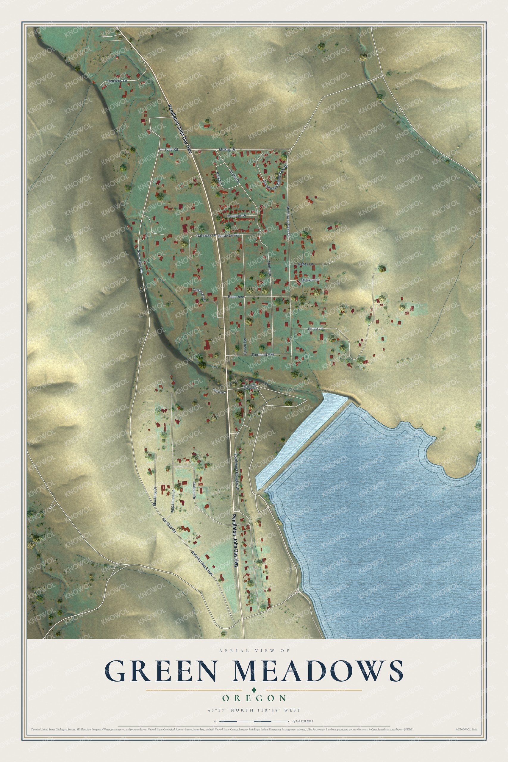 Full map of Green Meadows, Oregon, with red buildings, printed street names and the land around them