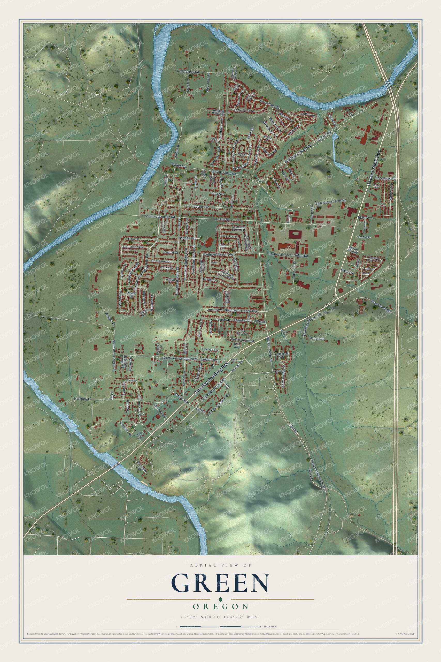 Full map of Green, Oregon, with red buildings, printed street names and the land around them