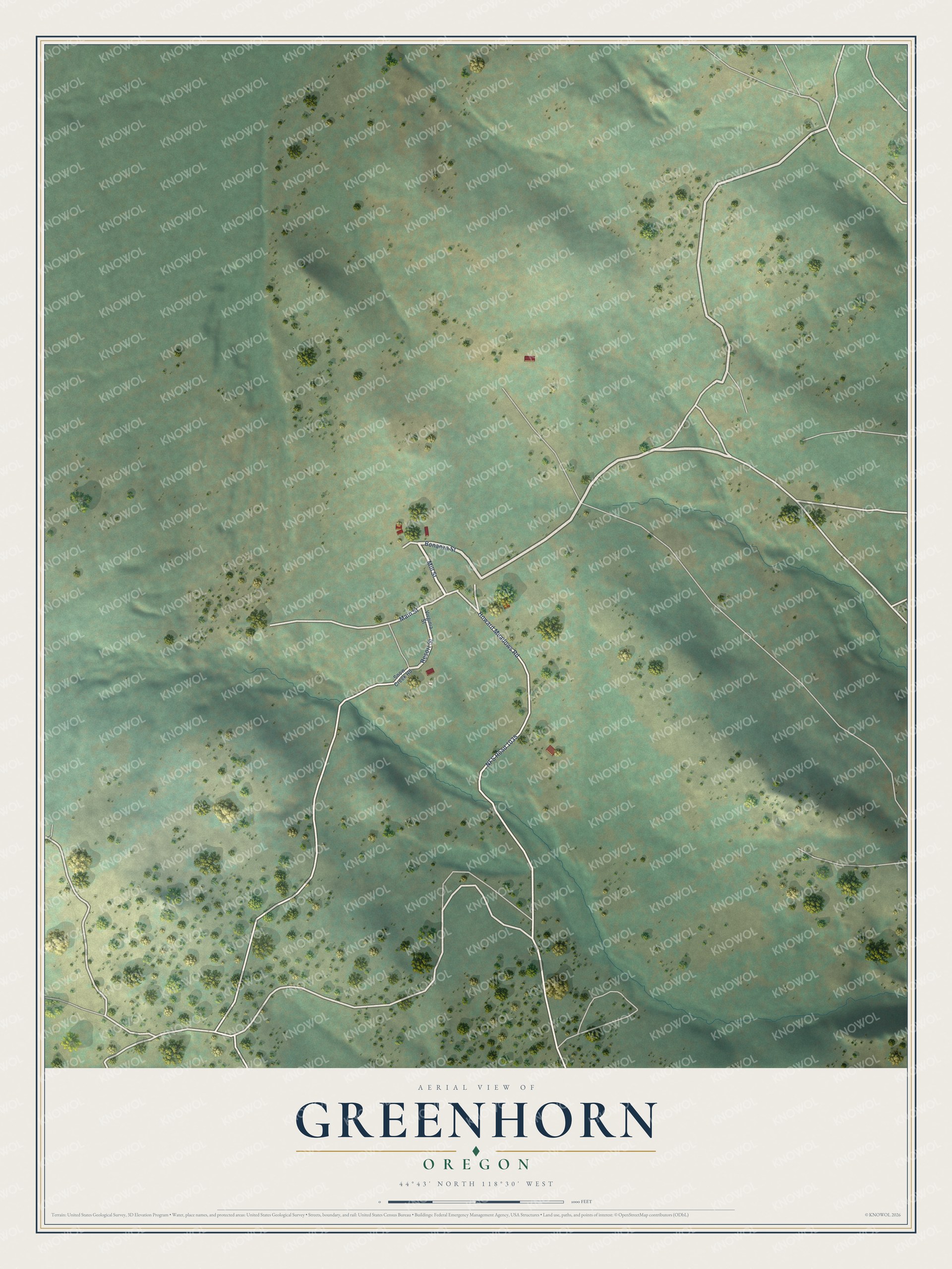 Full map of Greenhorn, Oregon, with red buildings, printed street names and the land around them