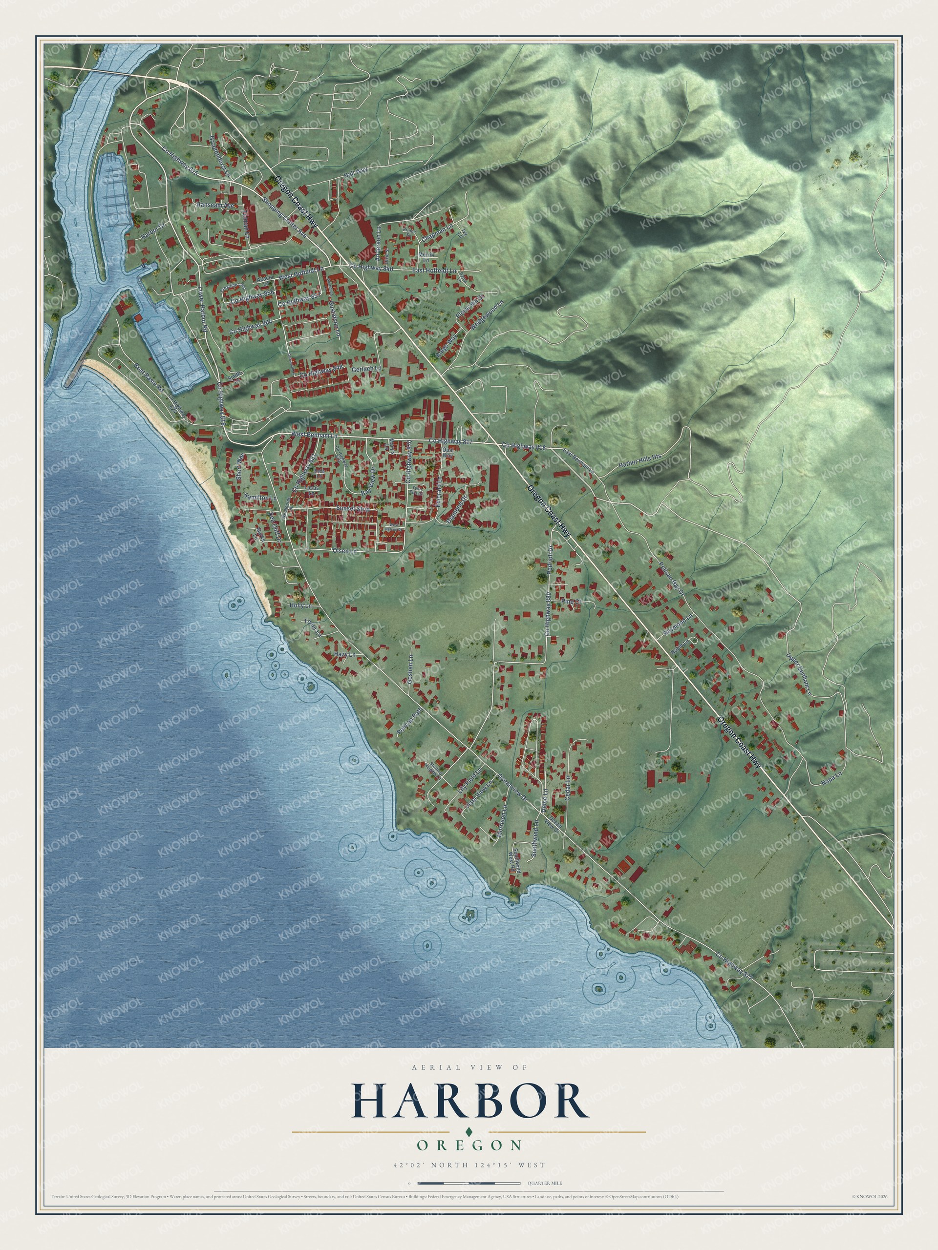 Full map of Harbor, Oregon, with red buildings, printed street names and the land around them