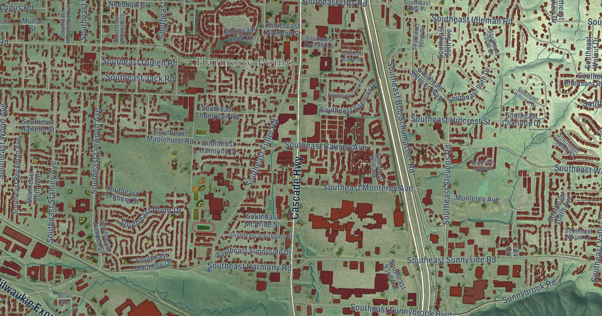 Close-up of streets and buildings in Harmony, Oregon
