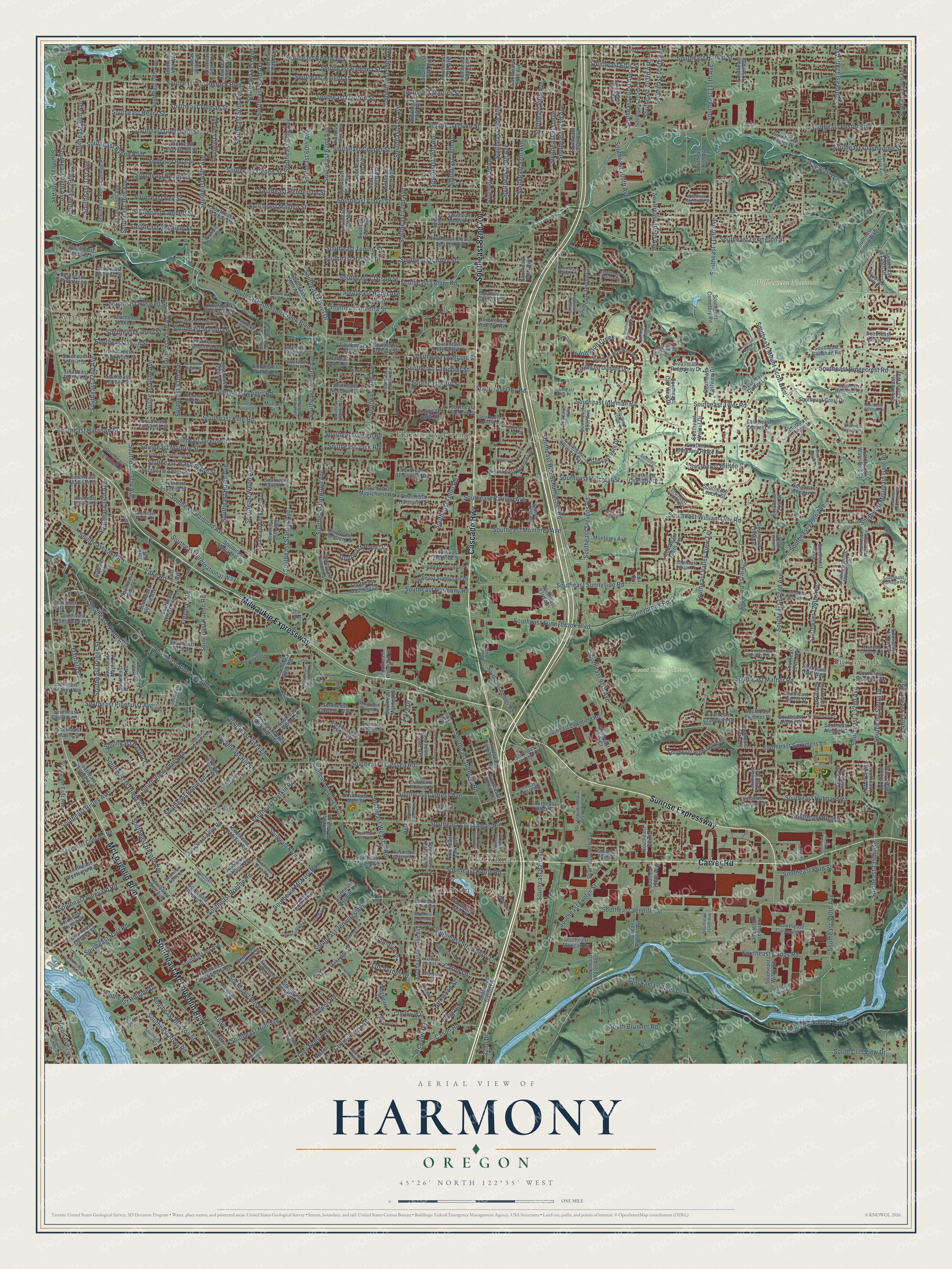Full map of Harmony, Oregon, with red buildings, printed street names and the land around them