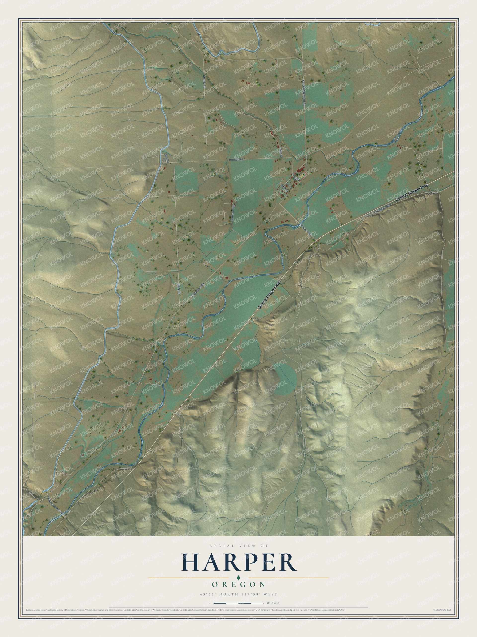 Full map of Harper, Oregon, with red buildings, printed street names and the land around them