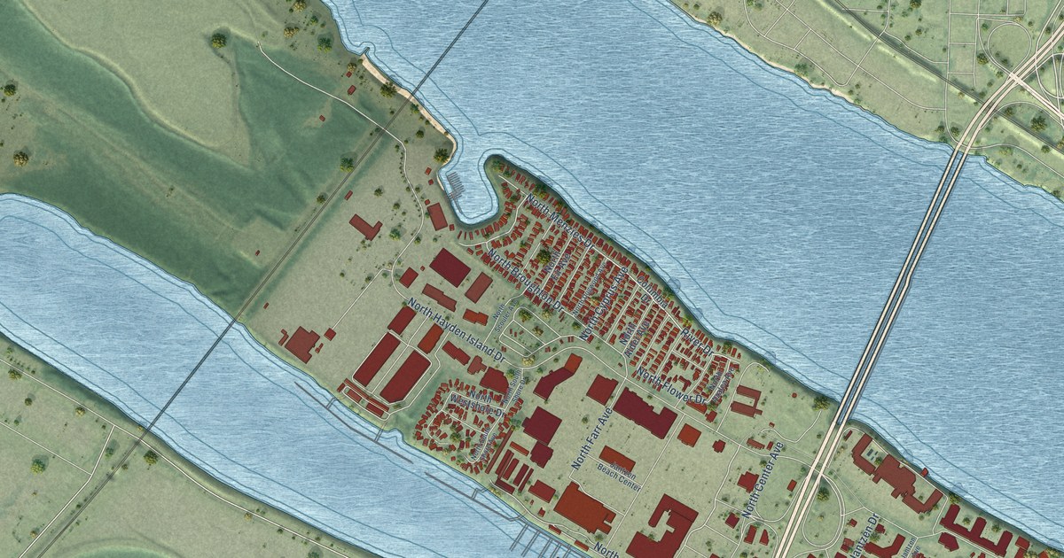 Close-up of streets and buildings in Hayden Island, Oregon