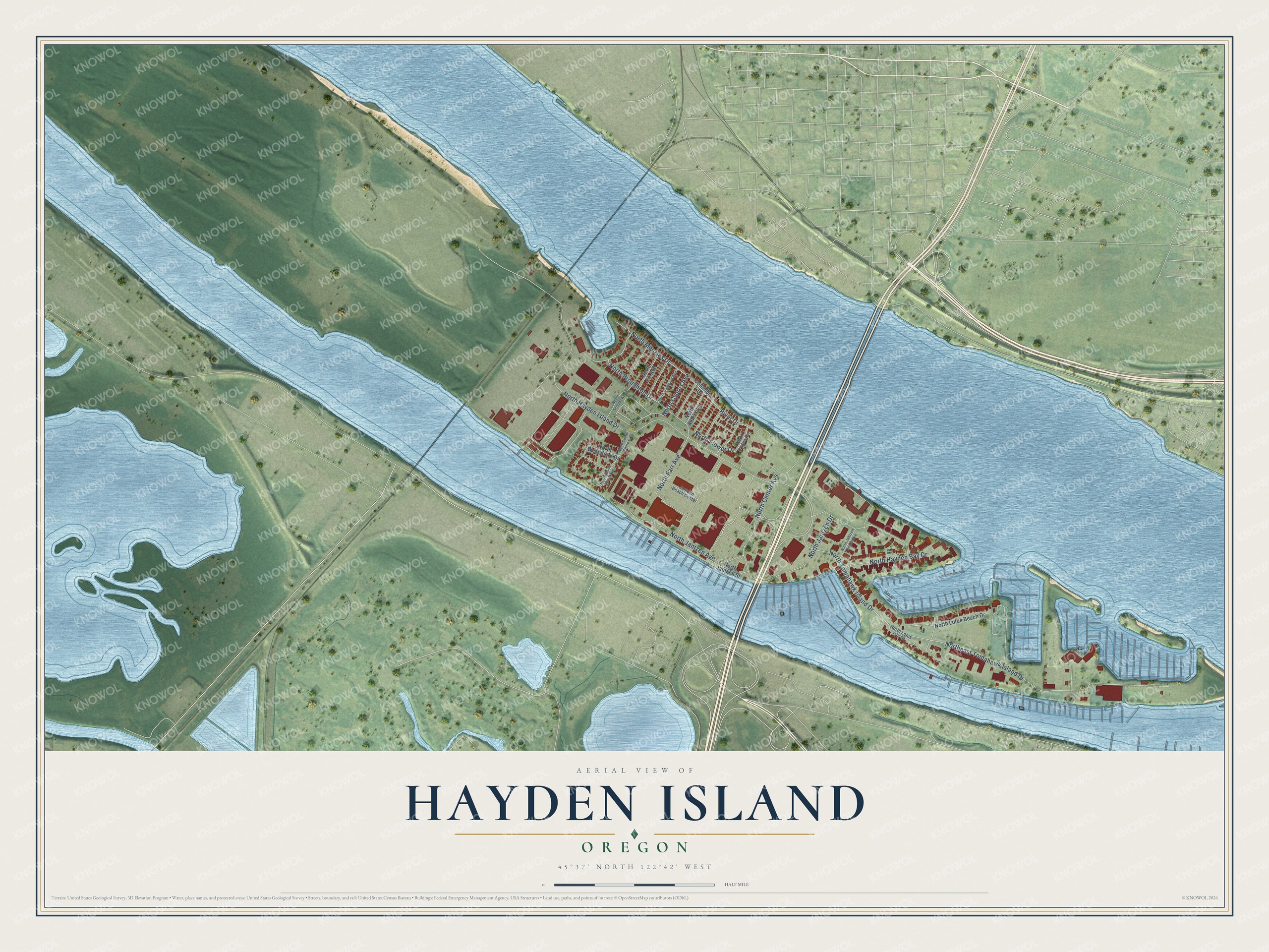 Full map of Hayden Island, Oregon, with red buildings, printed street names and the land around them