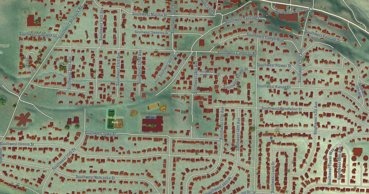 Close-up of streets and buildings in Hayhurst, Oregon