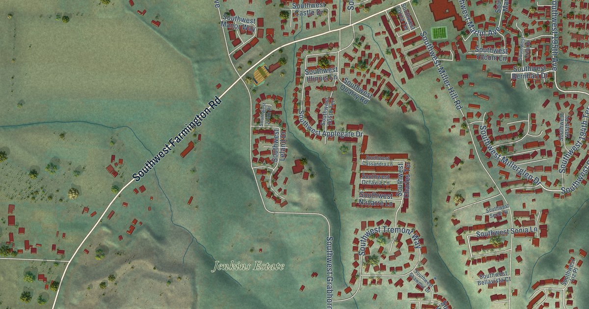 Close-up of streets and buildings in Hazeldale, Oregon