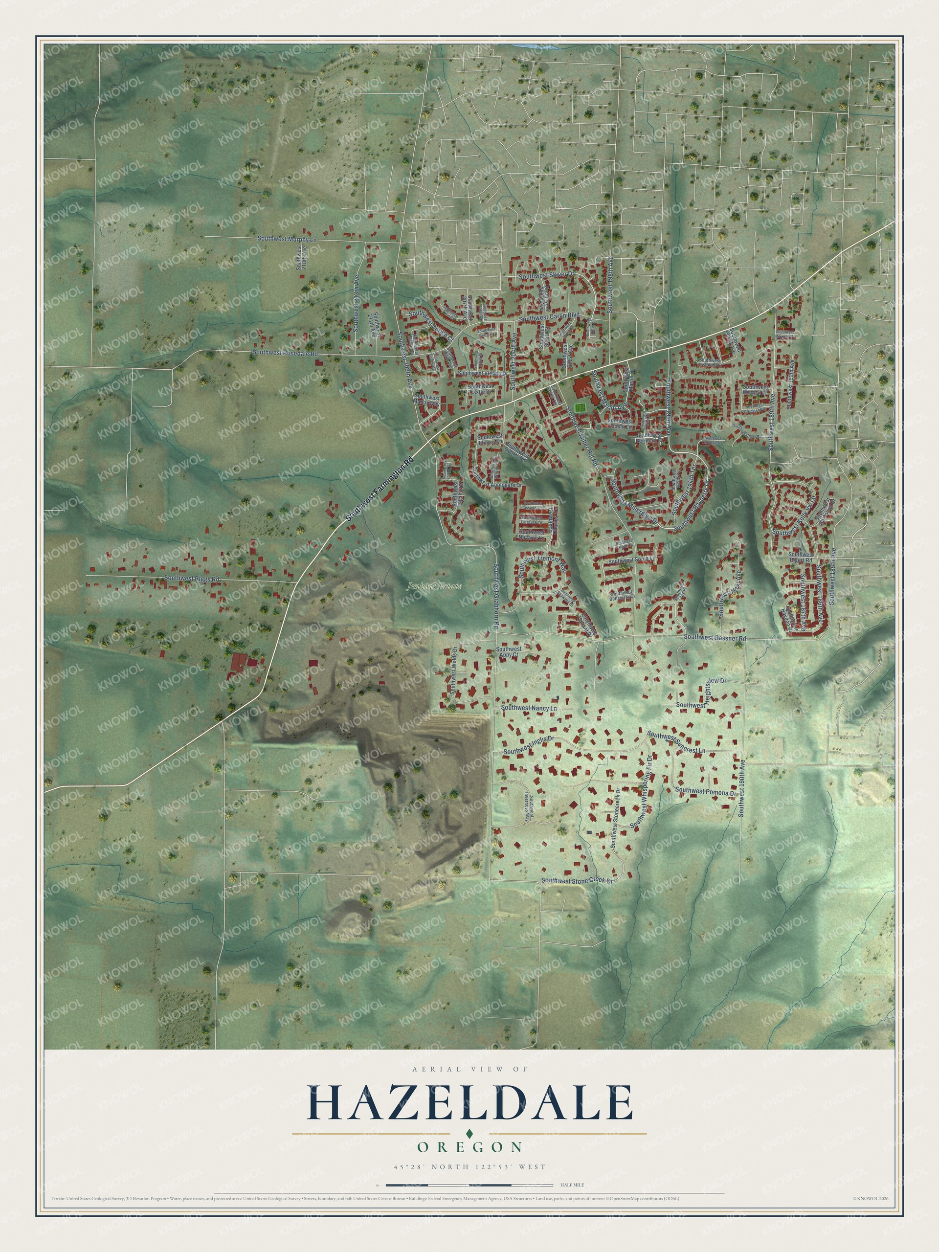 Full map of Hazeldale, Oregon, with red buildings, printed street names and the land around them
