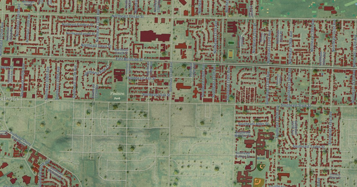 Close-up of streets and buildings in Hazelwood, Oregon