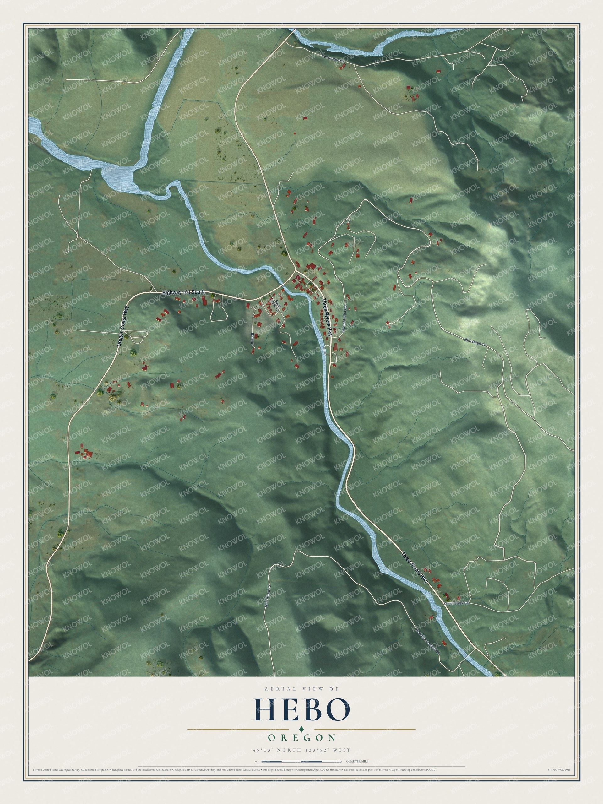 Full map of Hebo, Oregon, with red buildings, printed street names and the land around them