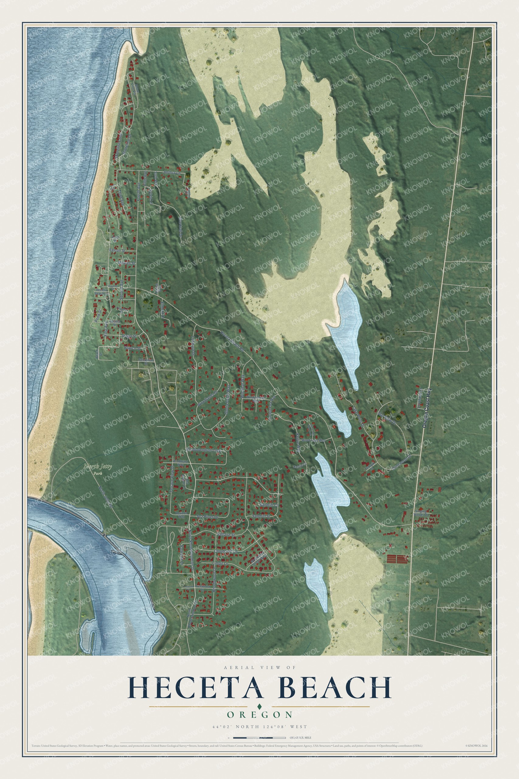 Full map of Heceta Beach, Oregon, with red buildings, printed street names and the land around them