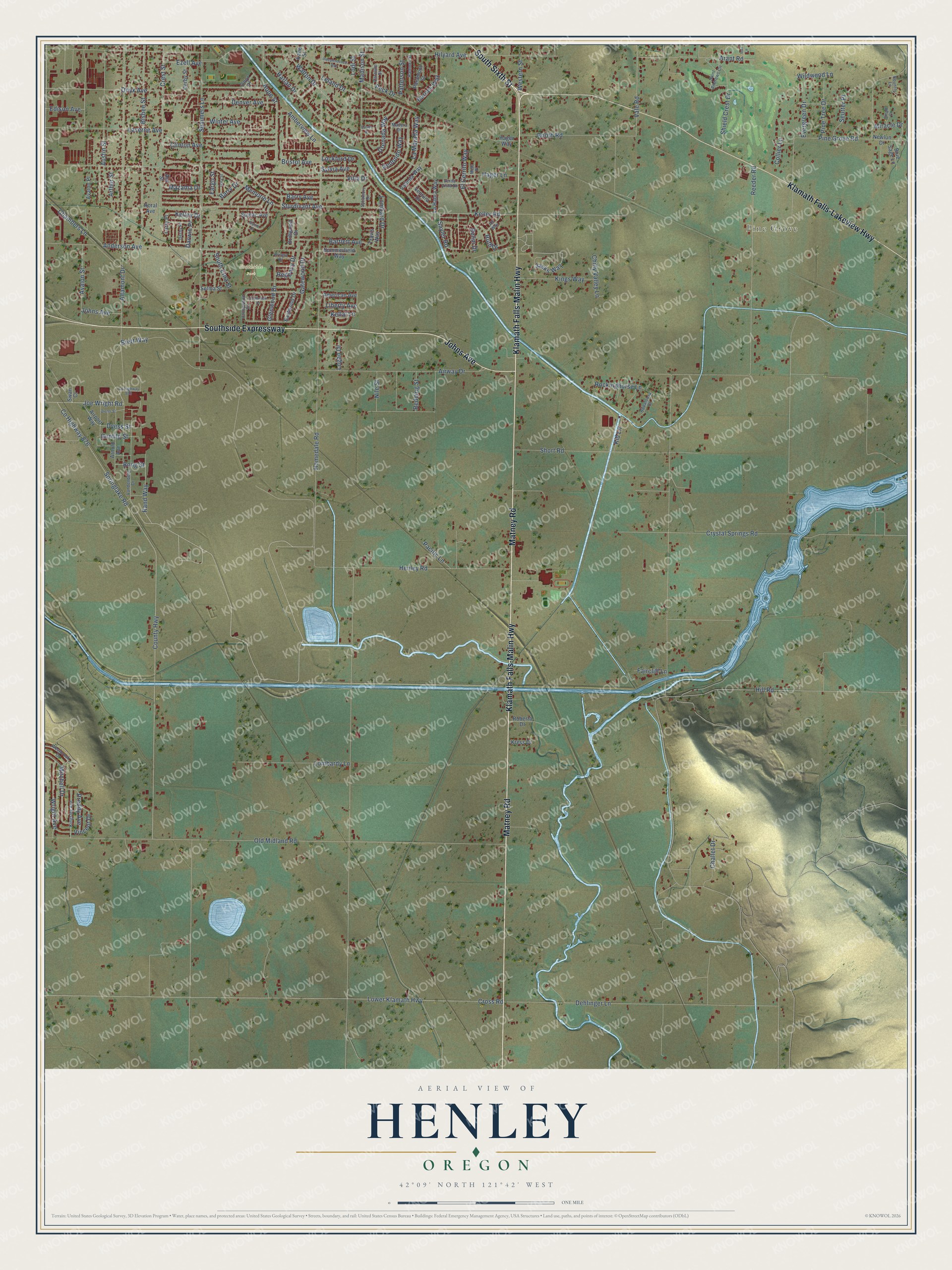 Full map of Henley, Oregon, with red buildings, printed street names and the land around them