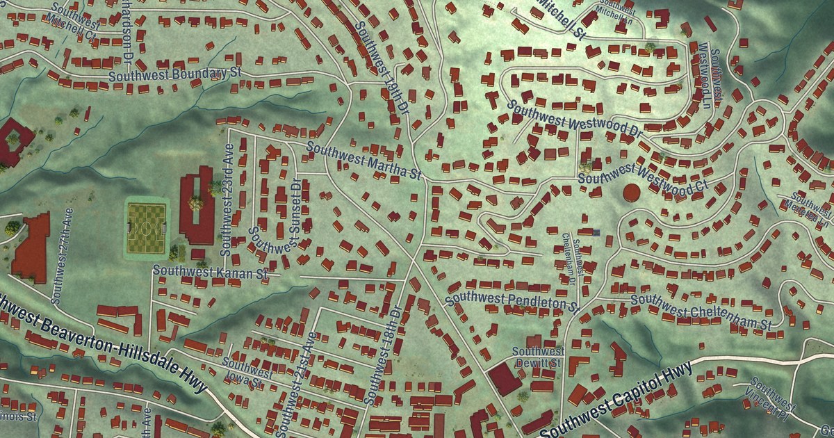 Close-up of streets and buildings in Hillsdale, Oregon