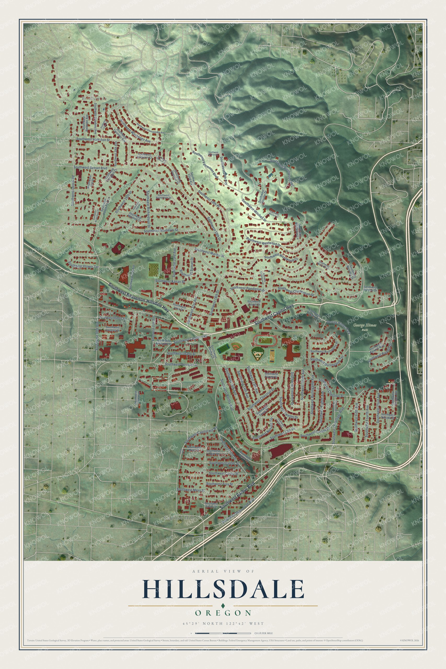 Full map of Hillsdale, Oregon, with red buildings, printed street names and the land around them