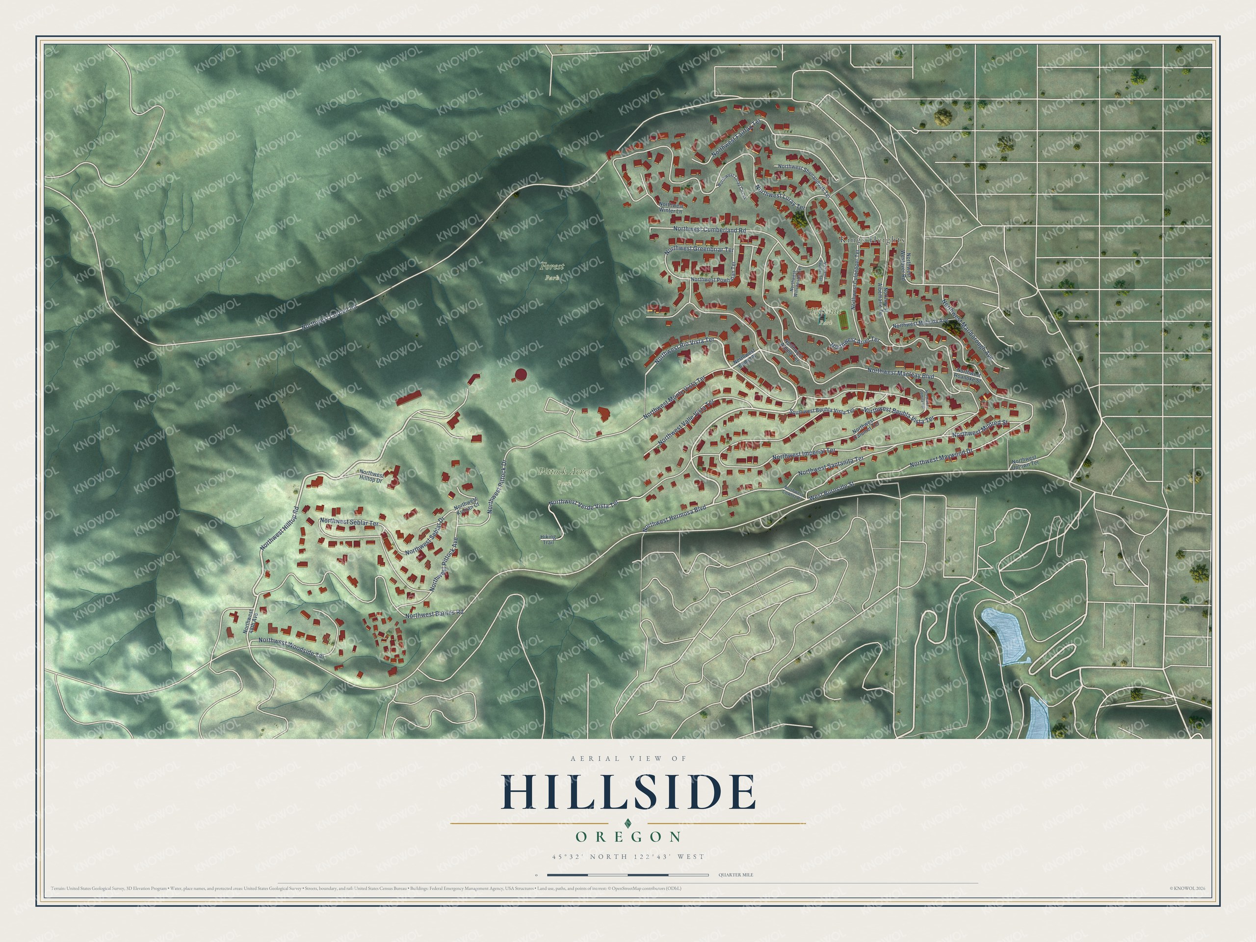 Full map of Hillside, Oregon, with red buildings, printed street names and the land around them