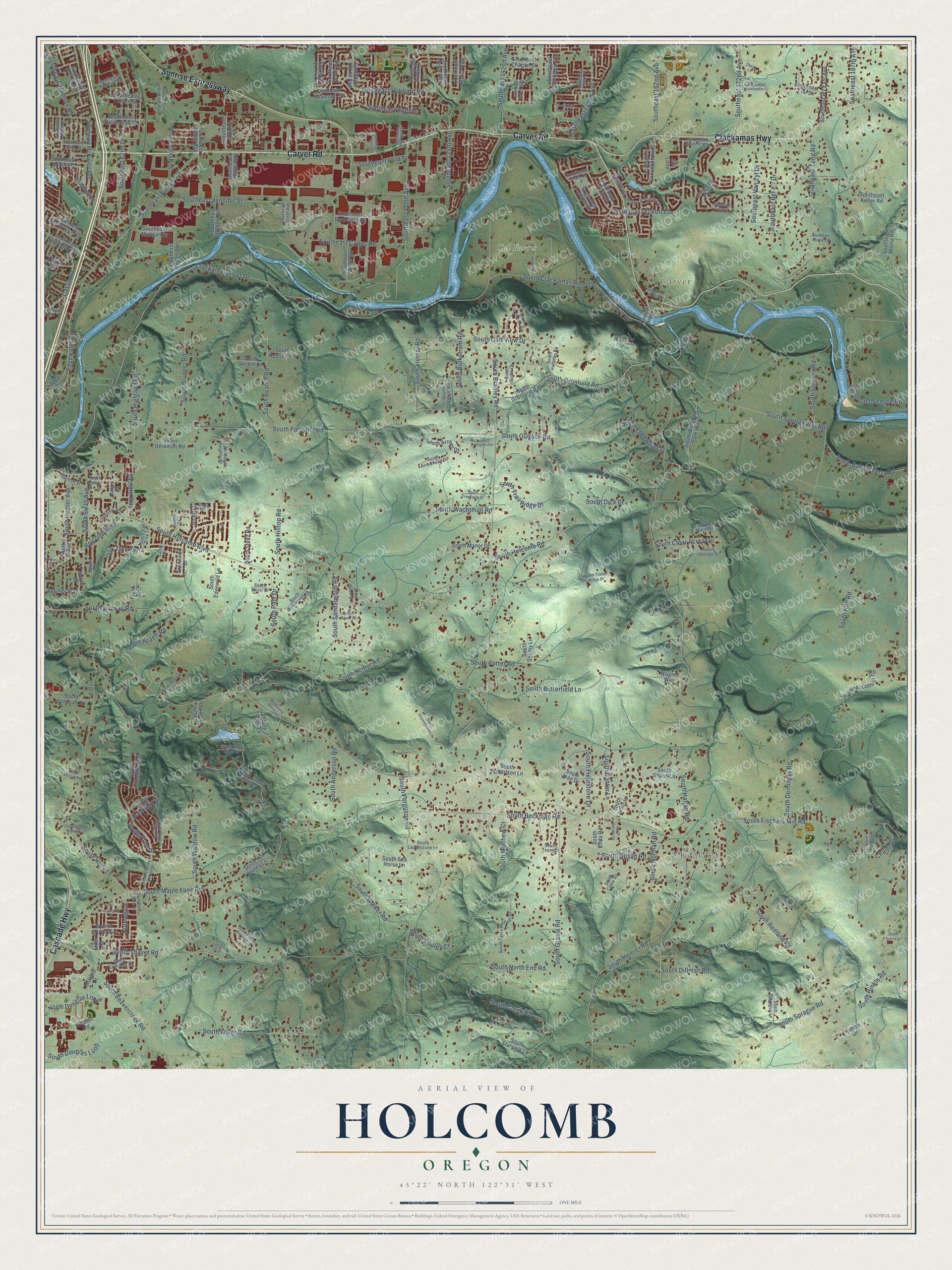 Full map of Holcomb, Oregon, with red buildings, printed street names and the land around them