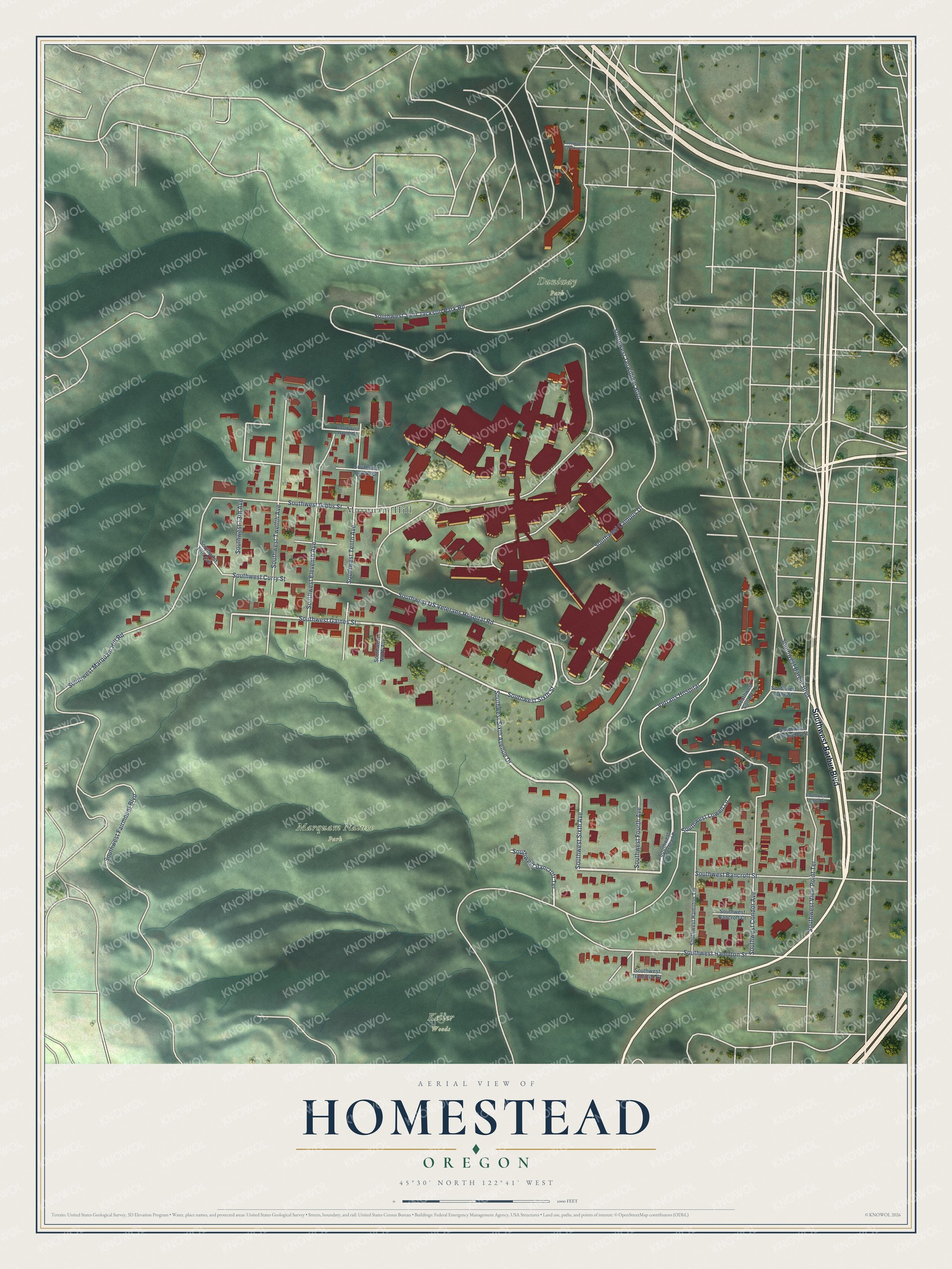 Full map of Homestead, Oregon, with red buildings, printed street names and the land around them