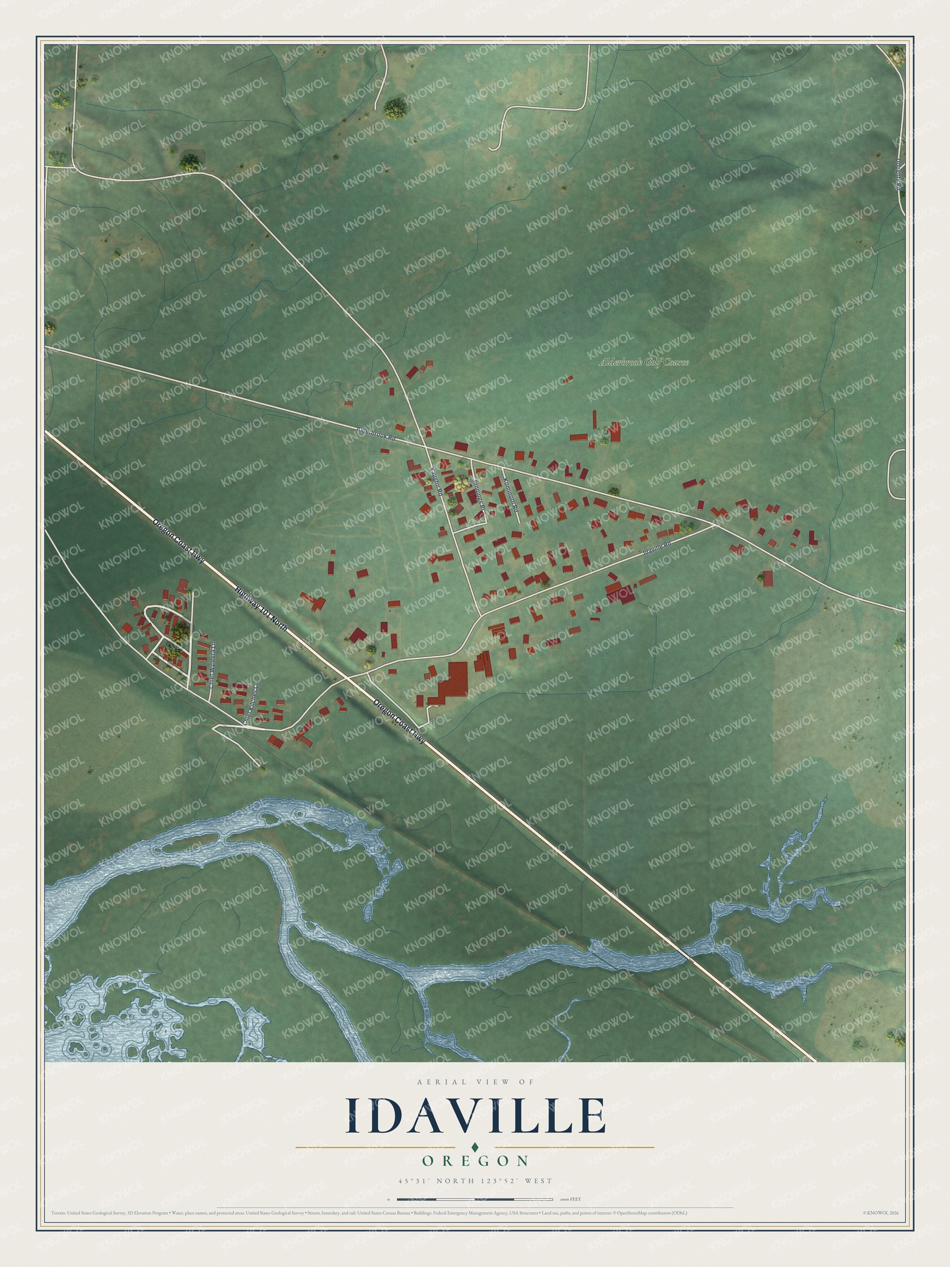 Full map of Idaville, Oregon, with red buildings, printed street names and the land around them