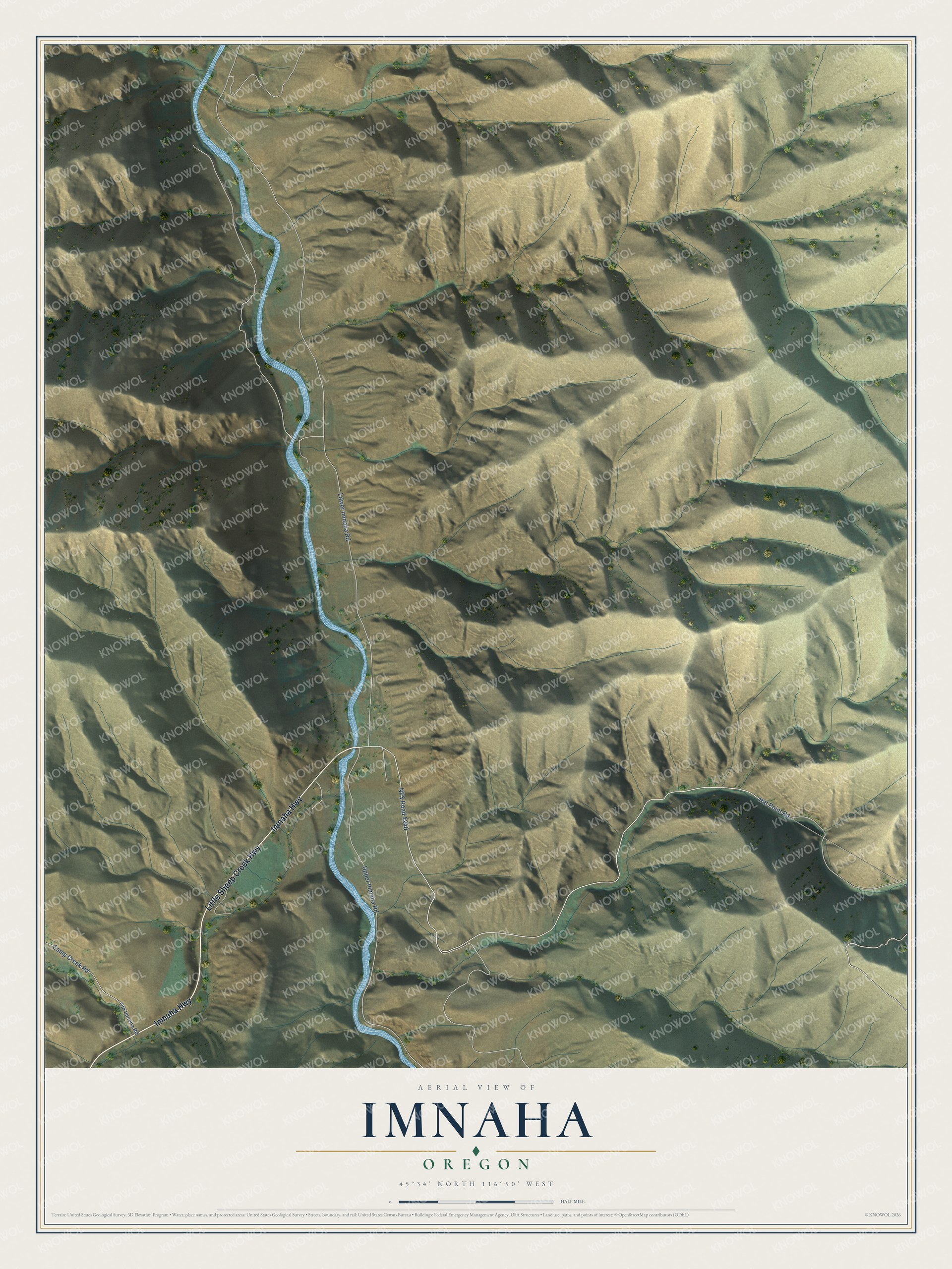 Full map of Imnaha, Oregon, with red buildings, printed street names and the land around them