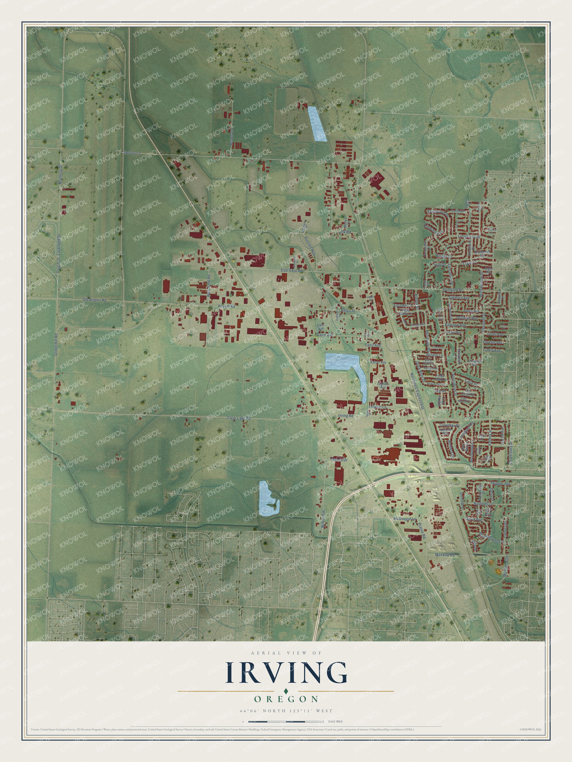 Full map of Irving, Oregon, with red buildings, printed street names and the land around them