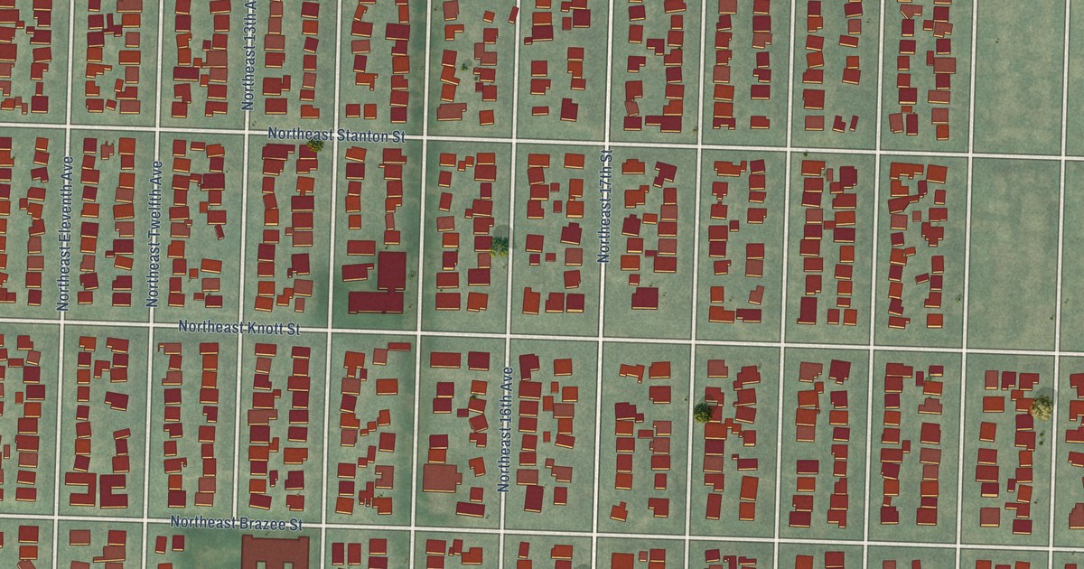 Close-up of streets and buildings in Irvington, Oregon