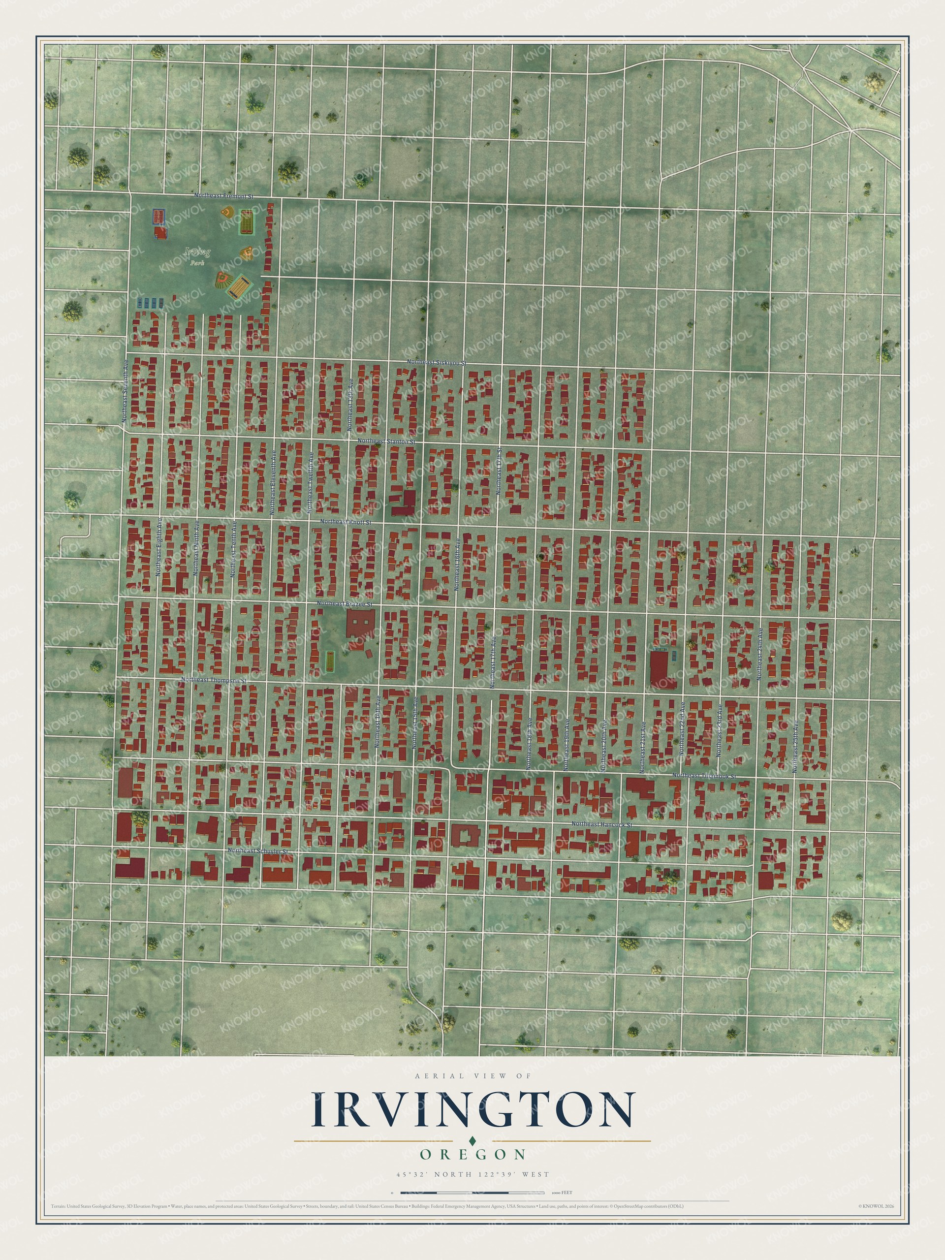 Full map of Irvington, Oregon, with red buildings, printed street names and the land around them