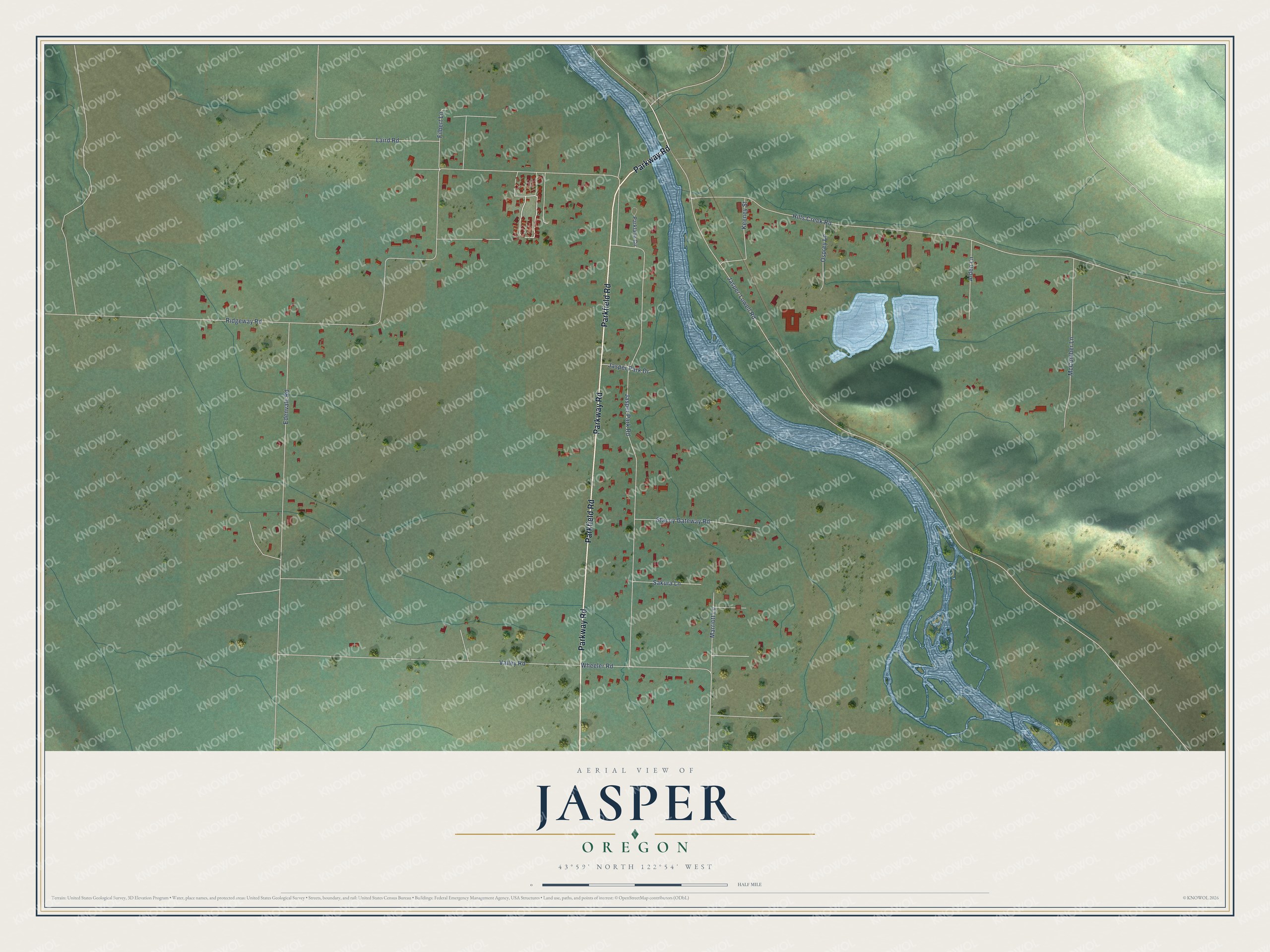 Full map of Jasper, Oregon, with red buildings, printed street names and the land around them