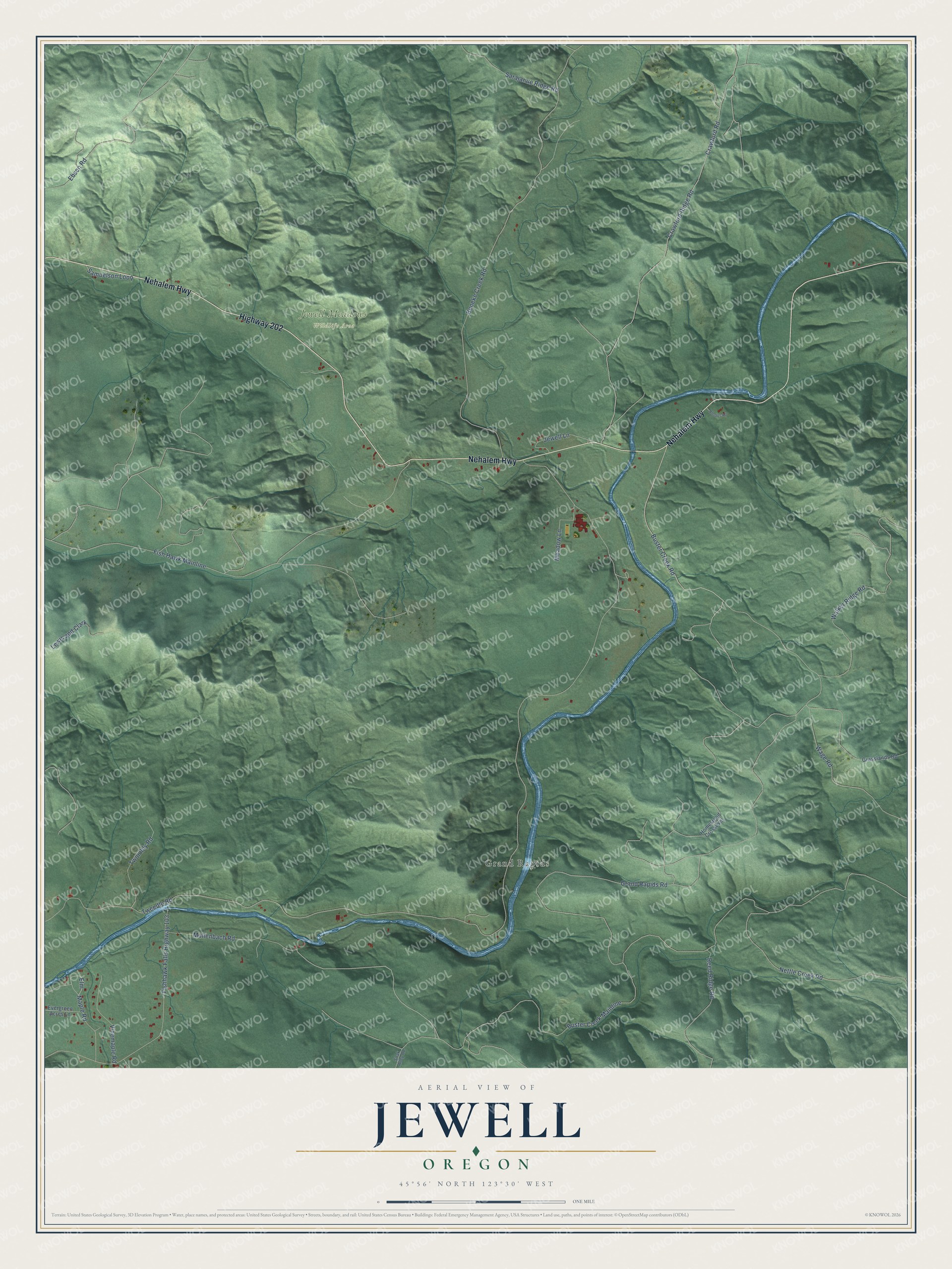 Full map of Jewell, Oregon, with red buildings, printed street names and the land around them