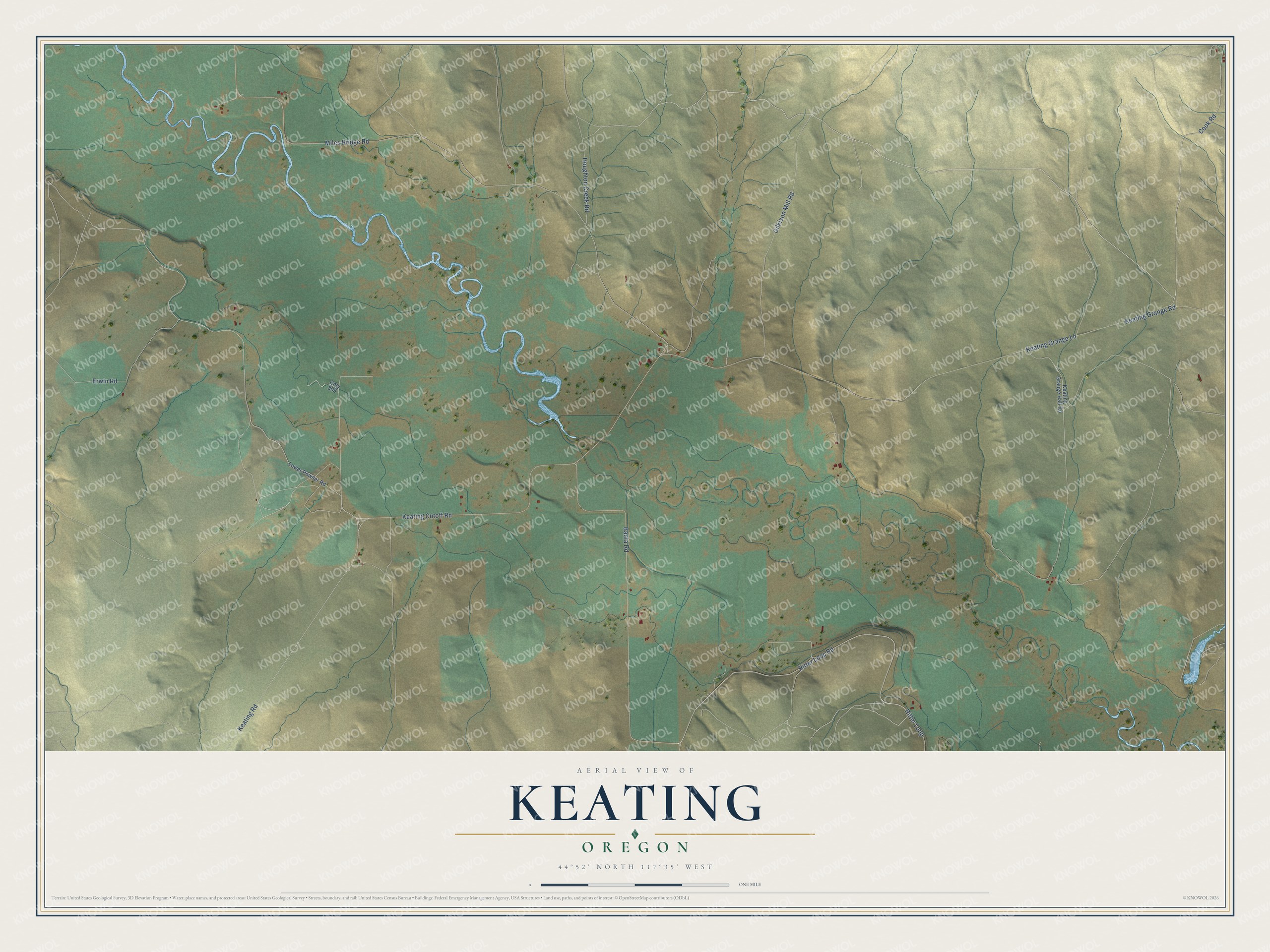 Full map of Keating, Oregon, with red buildings, printed street names and the land around them