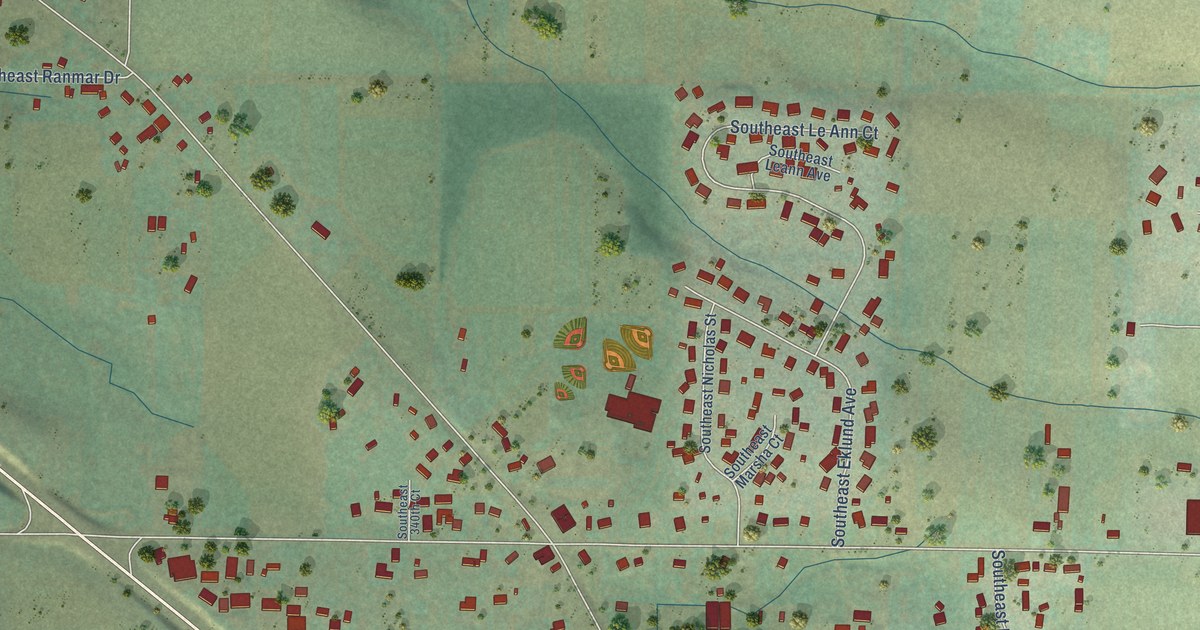 Close-up of streets and buildings in Kelso, Oregon
