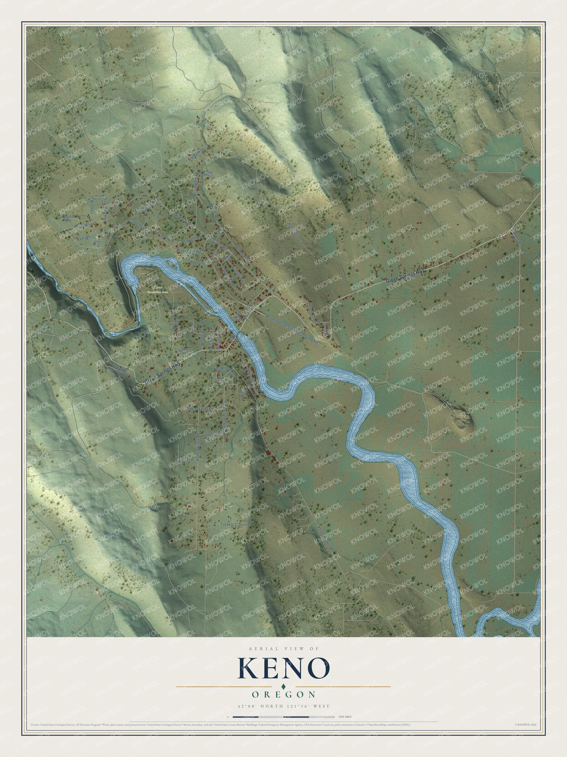 Full map of Keno, Oregon, with red buildings, printed street names and the land around them