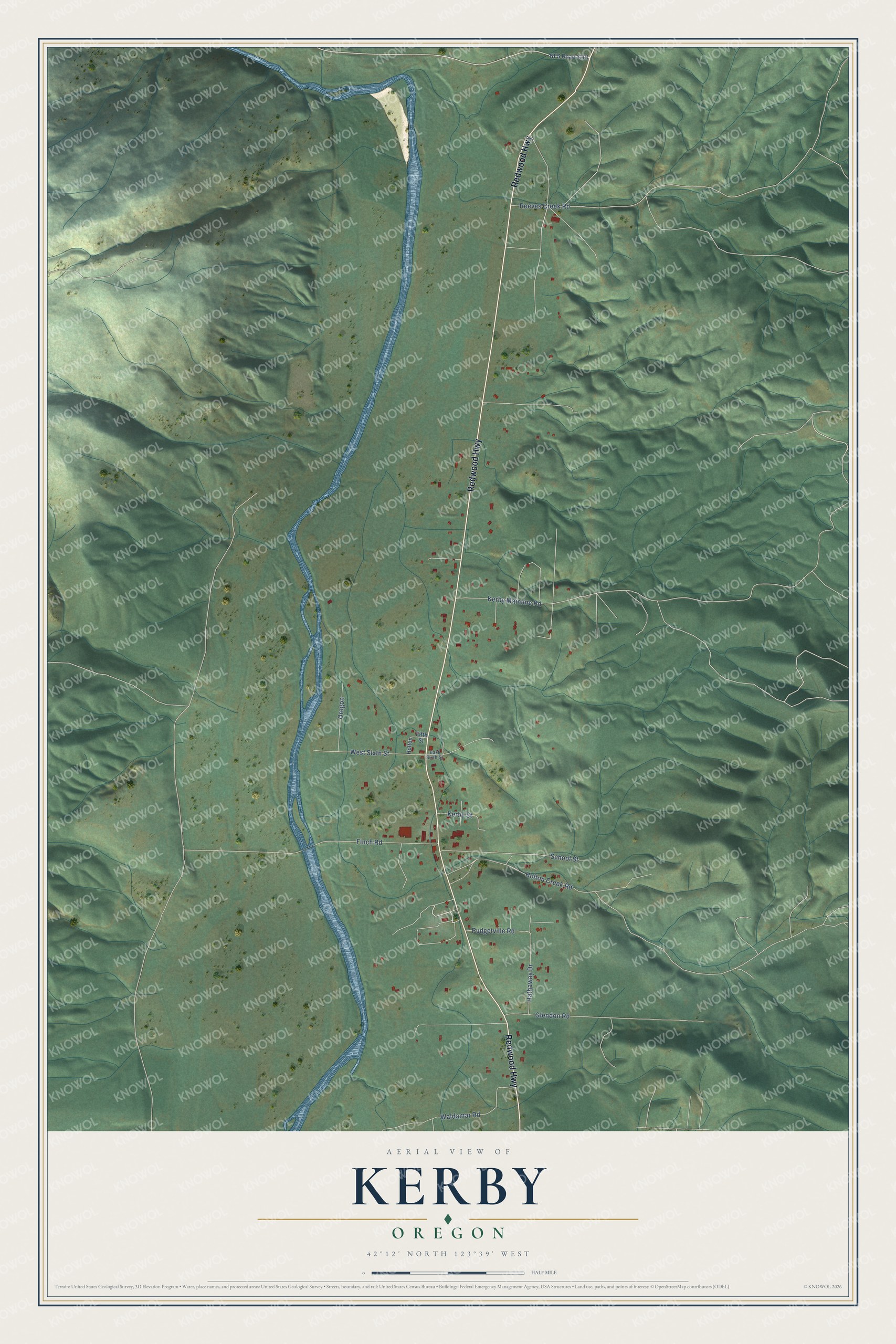 Full map of Kerby, Oregon, with red buildings, printed street names and the land around them
