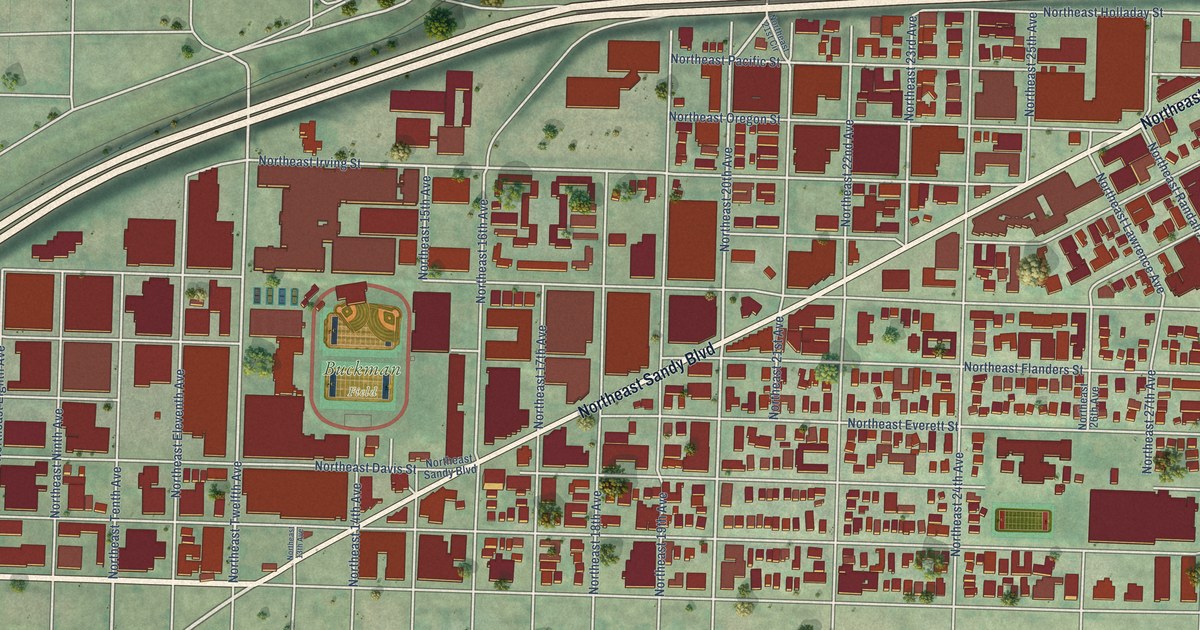 Close-up of streets and buildings in Kerns, Oregon