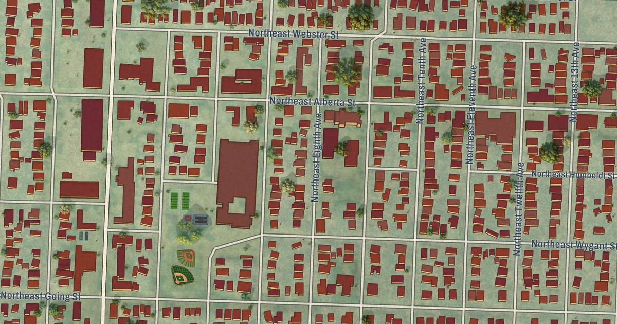 Close-up of streets and buildings in King, Oregon
