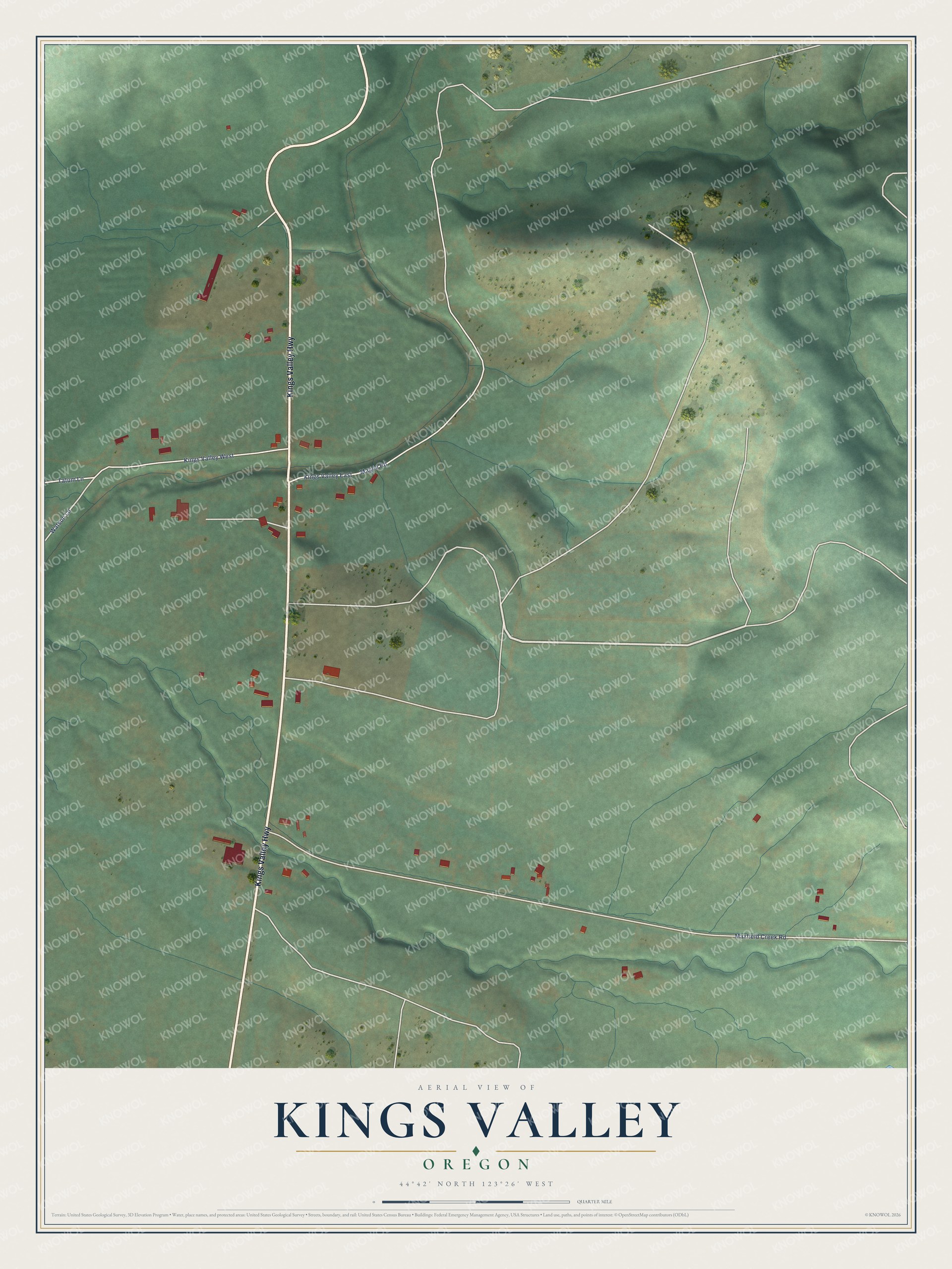 Full map of Kings Valley, Oregon, with red buildings, printed street names and the land around them