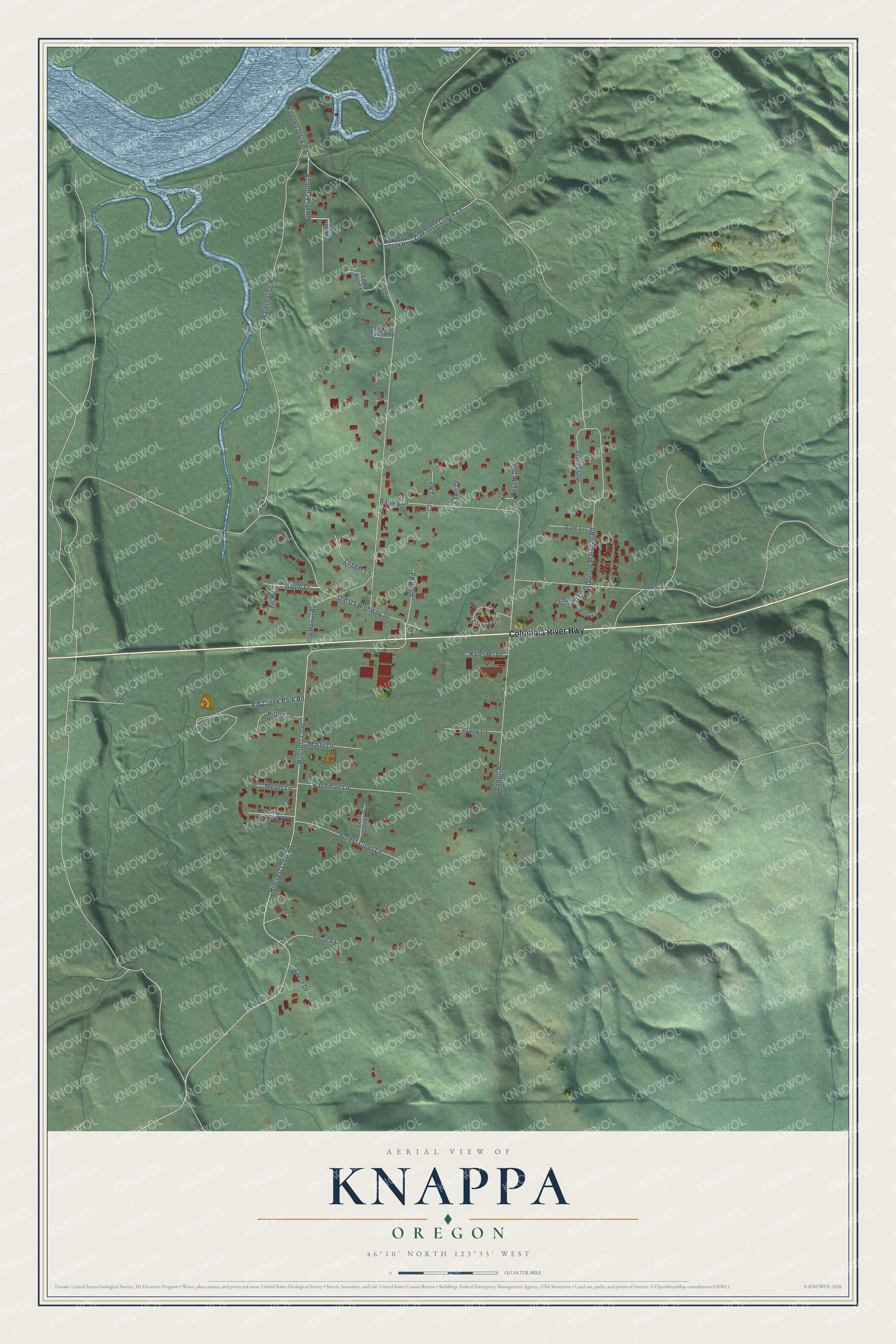 Full map of Knappa, Oregon, with red buildings, printed street names and the land around them
