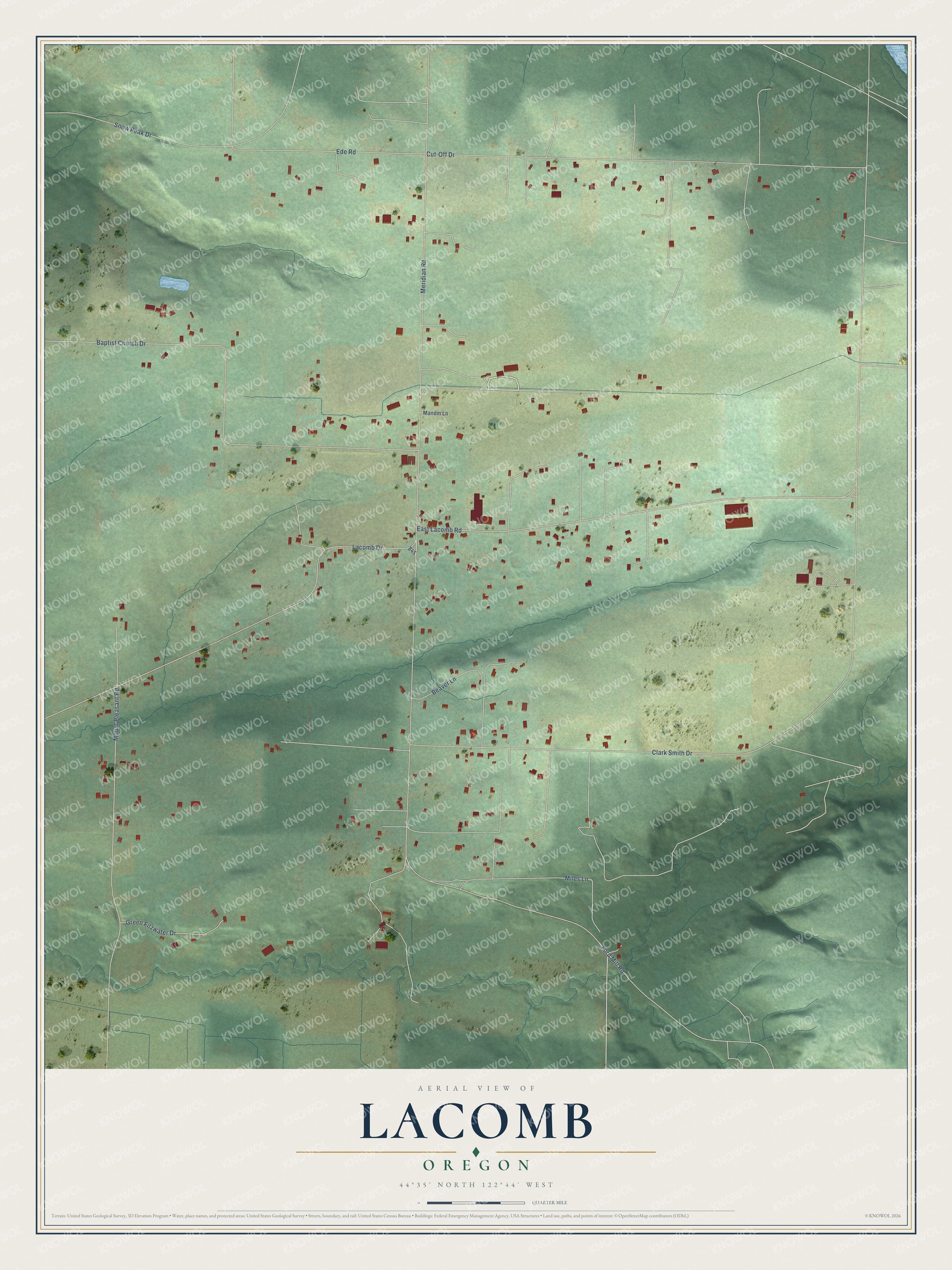 Full map of Lacomb, Oregon, with red buildings, printed street names and the land around them