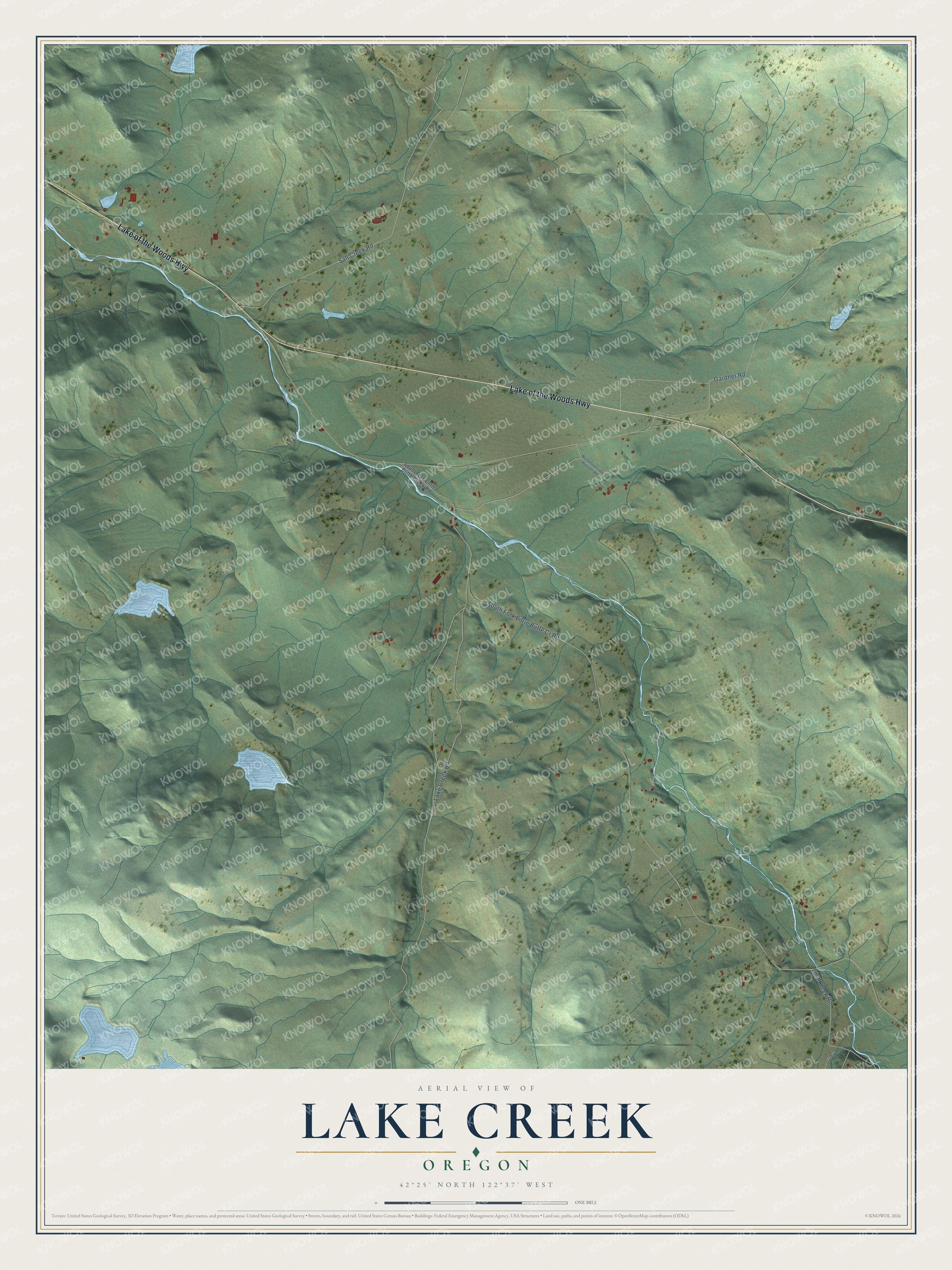 Full map of Lake Creek, Oregon, with red buildings, printed street names and the land around them