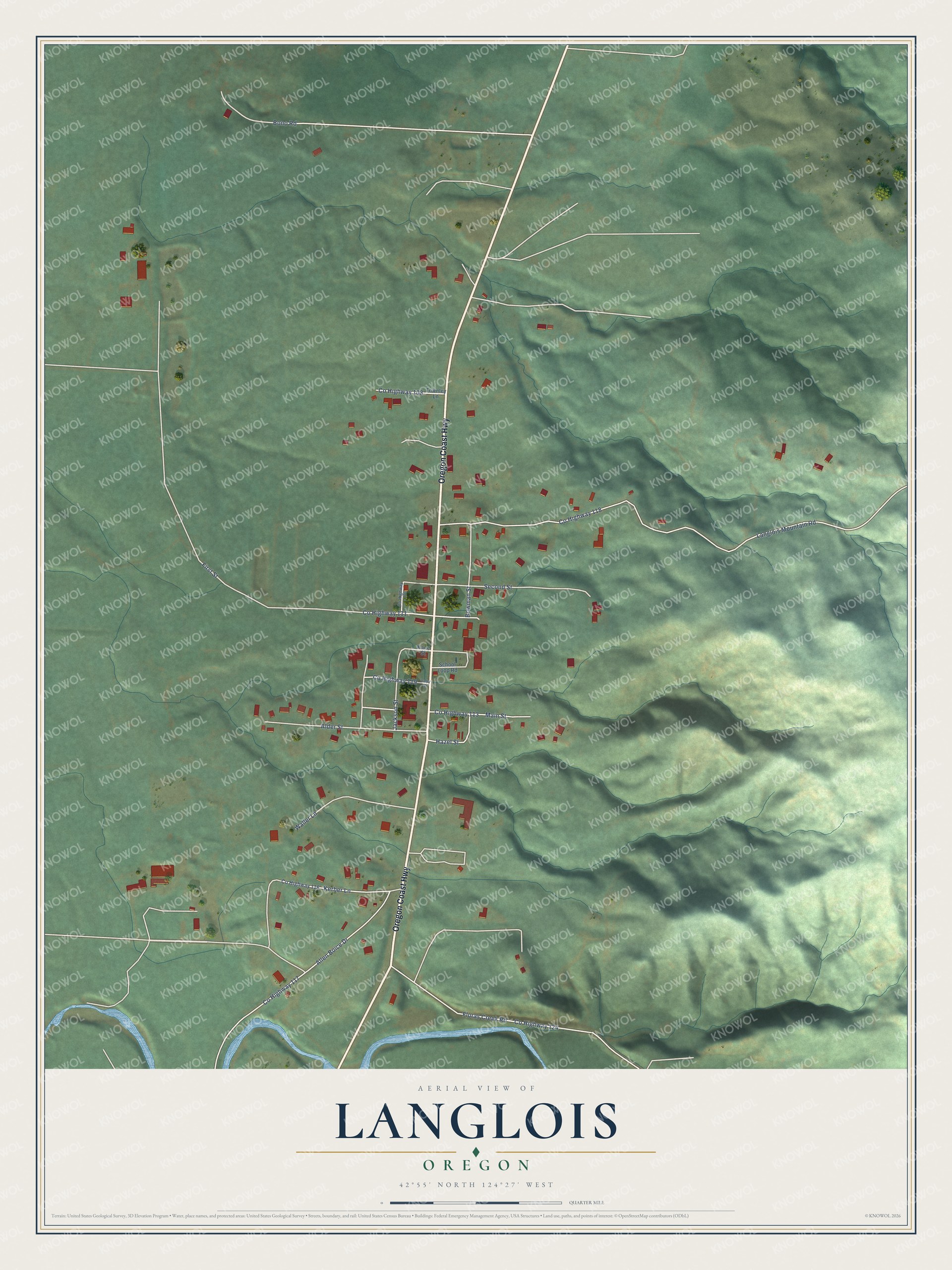 Full map of Langlois, Oregon, with red buildings, printed street names and the land around them