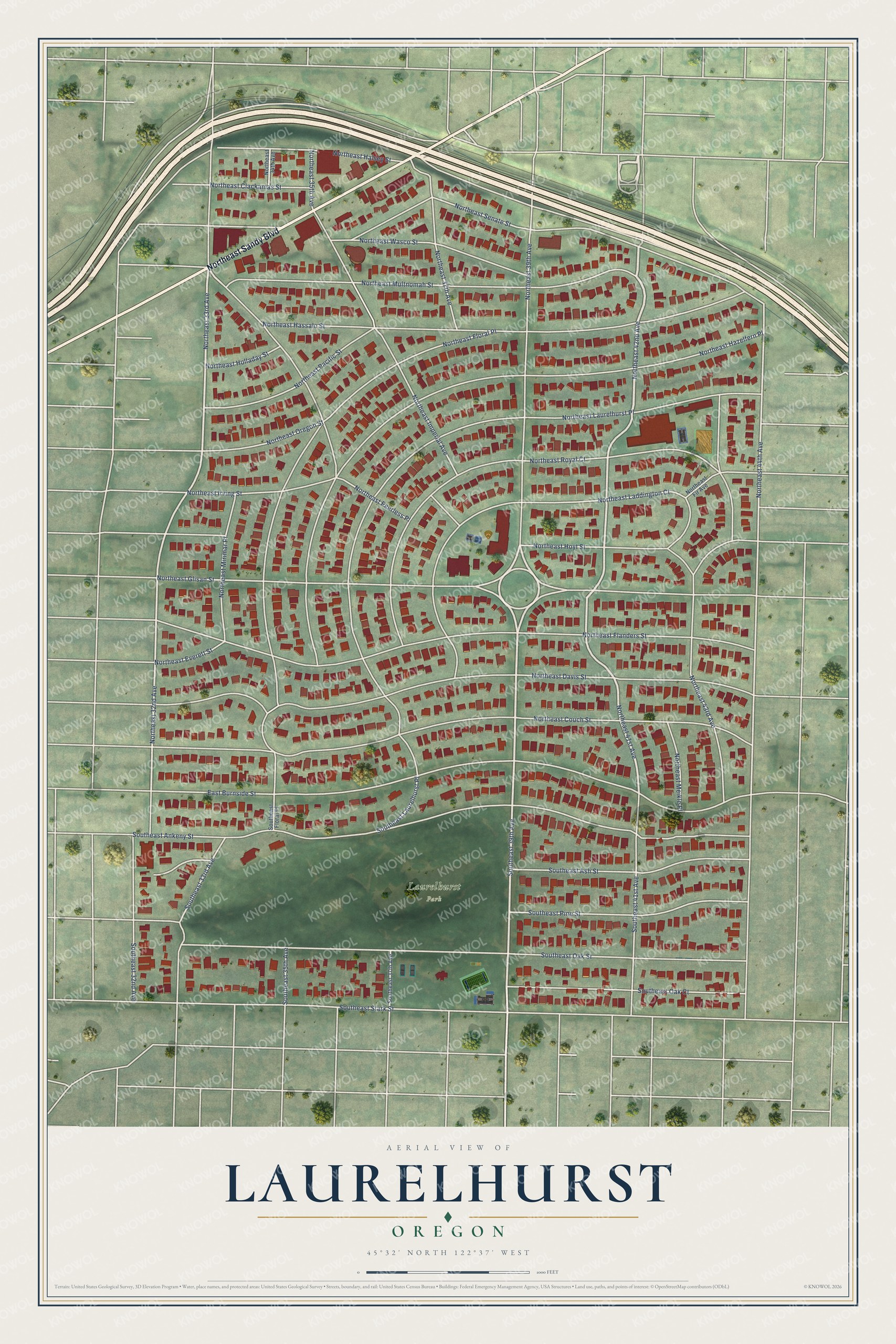 Full map of Laurelhurst, Oregon, with red buildings, printed street names and the land around them