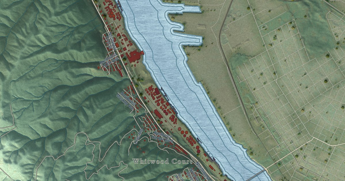 Close-up of streets and buildings in Linnton, Oregon