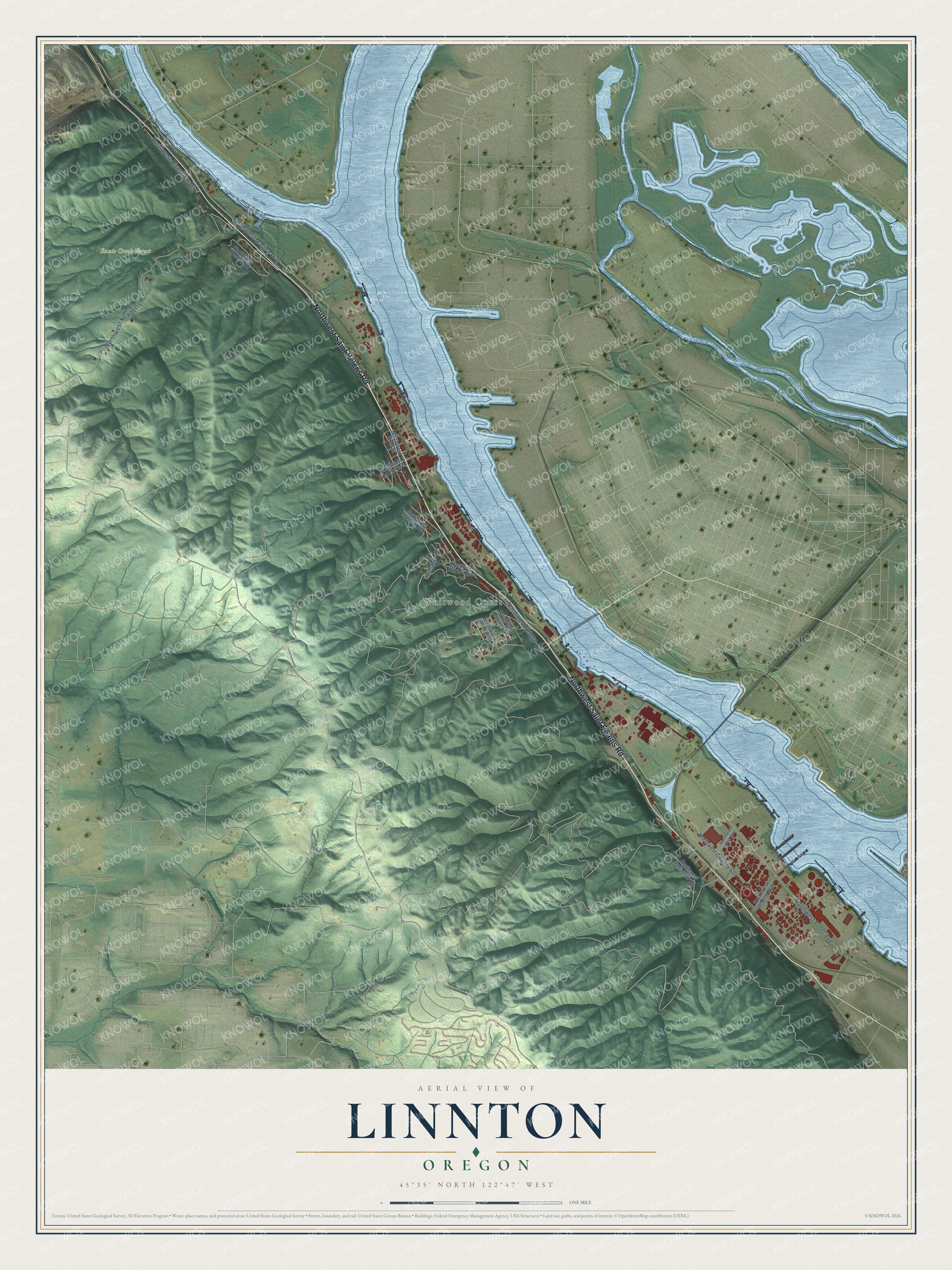 Full map of Linnton, Oregon, with red buildings, printed street names and the land around them