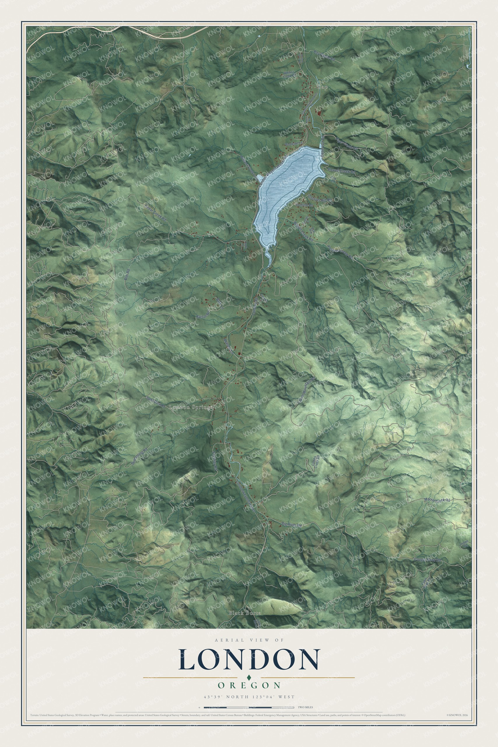 Full map of London, Oregon, with red buildings, printed street names and the land around them