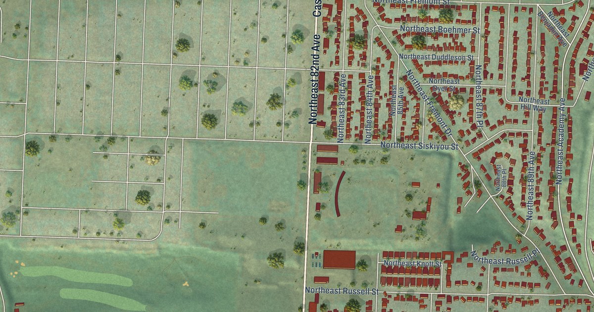 Close-up of streets and buildings in Madison South, Oregon
