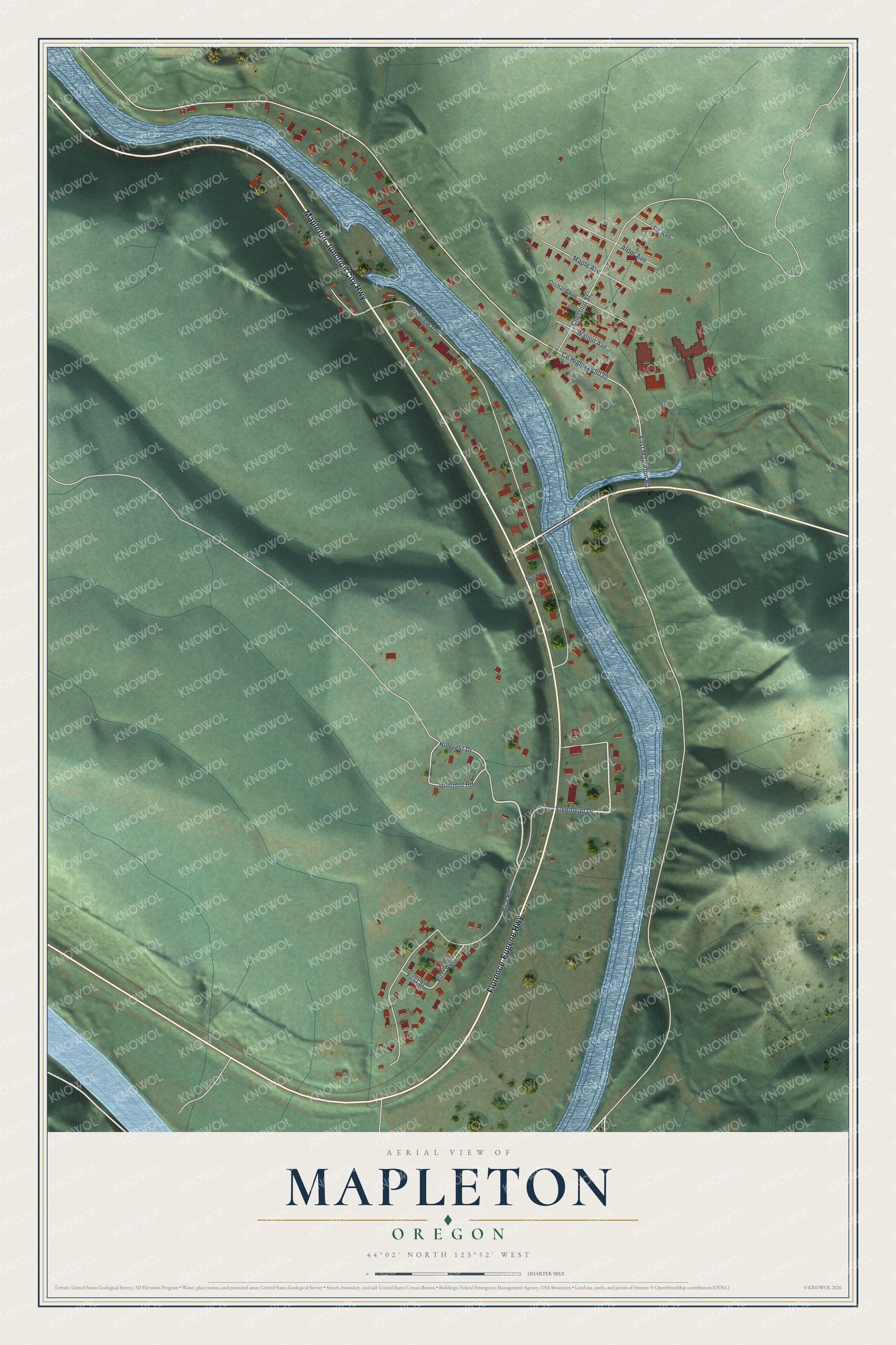 Full map of Mapleton, Oregon, with red buildings, printed street names and the land around them