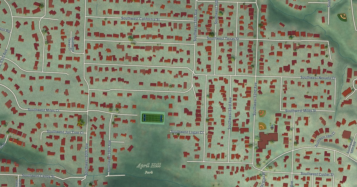 Close-up of streets and buildings in Maplewood, Oregon