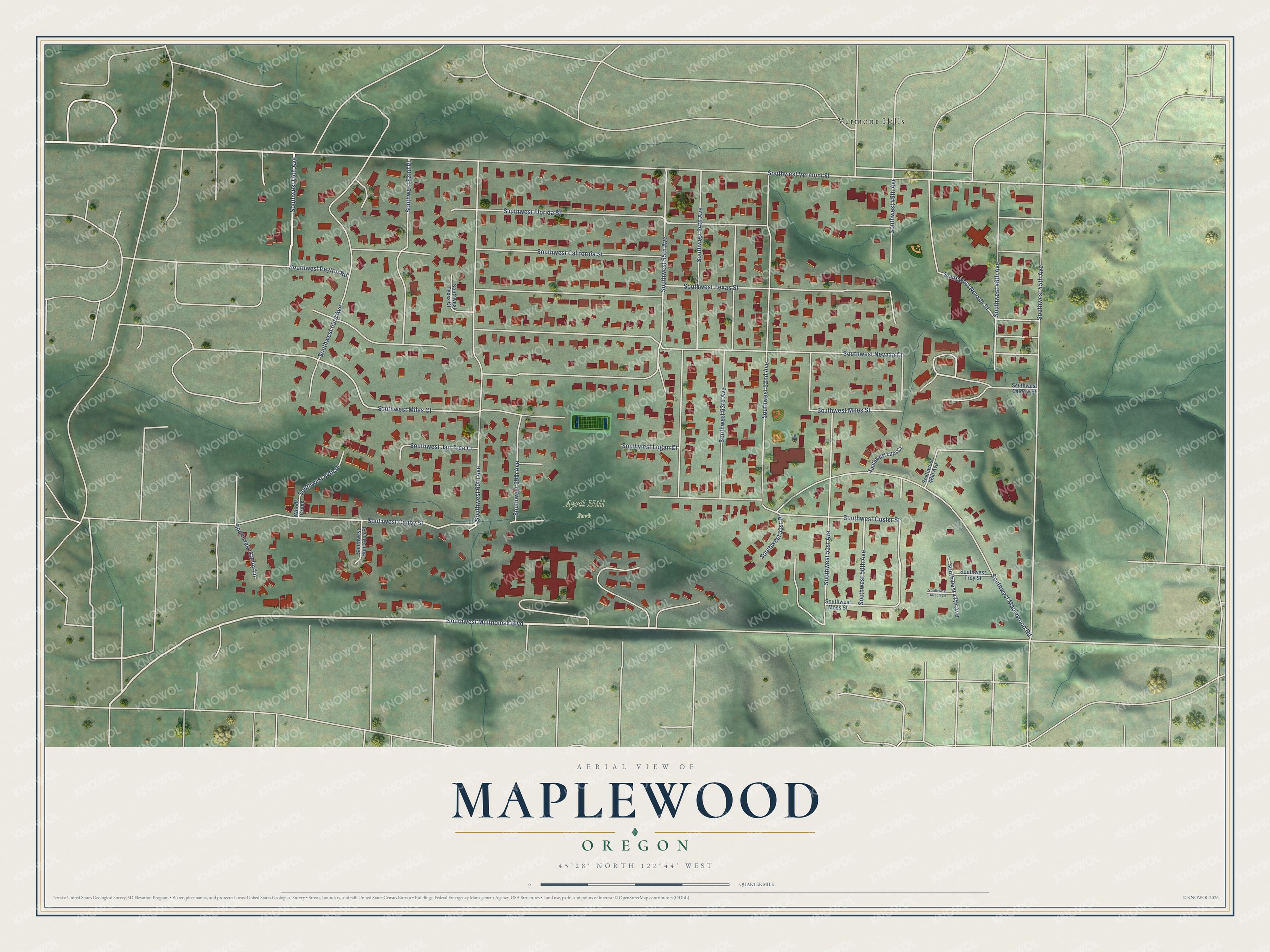 Full map of Maplewood, Oregon, with red buildings, printed street names and the land around them