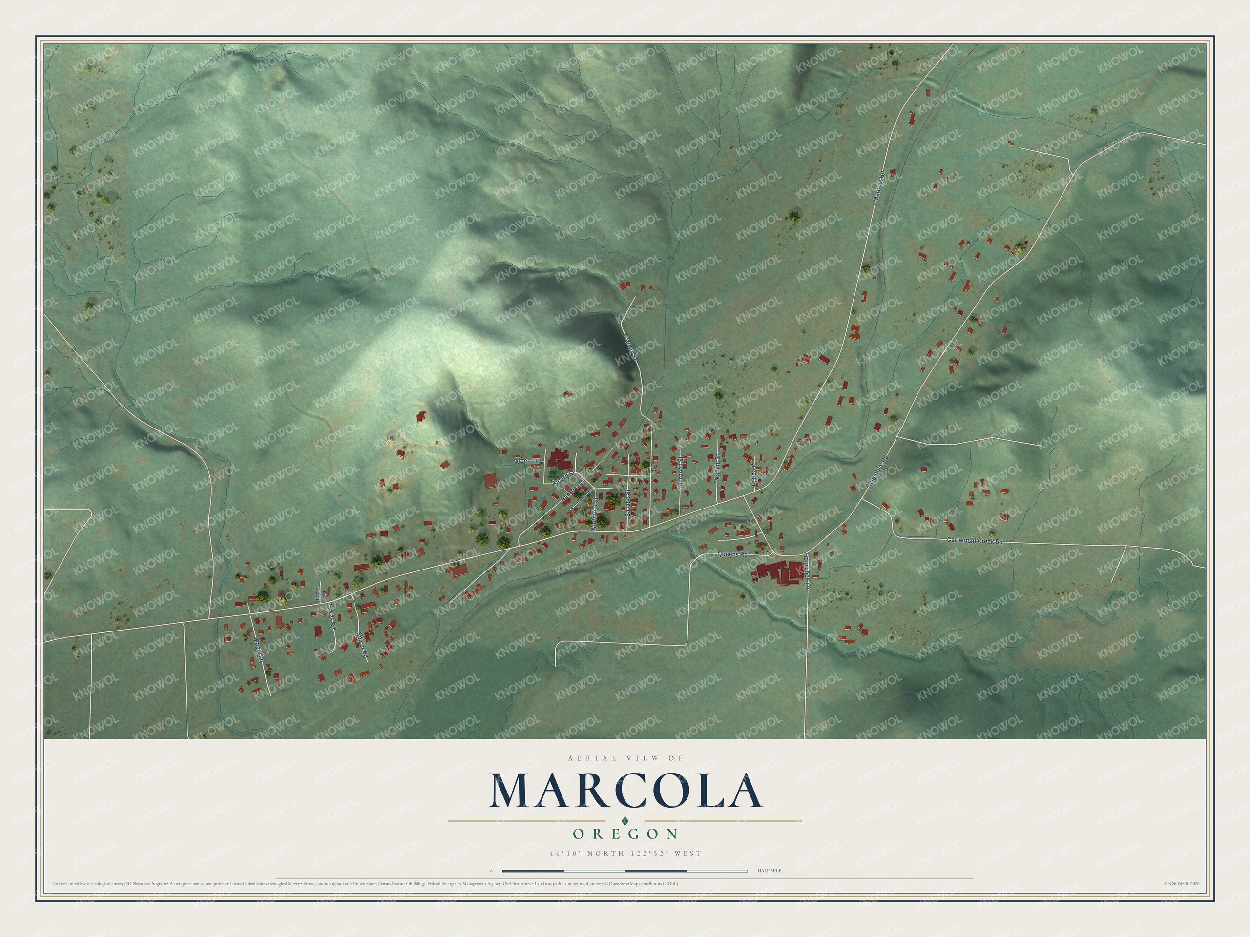 Full map of Marcola, Oregon, with red buildings, printed street names and the land around them