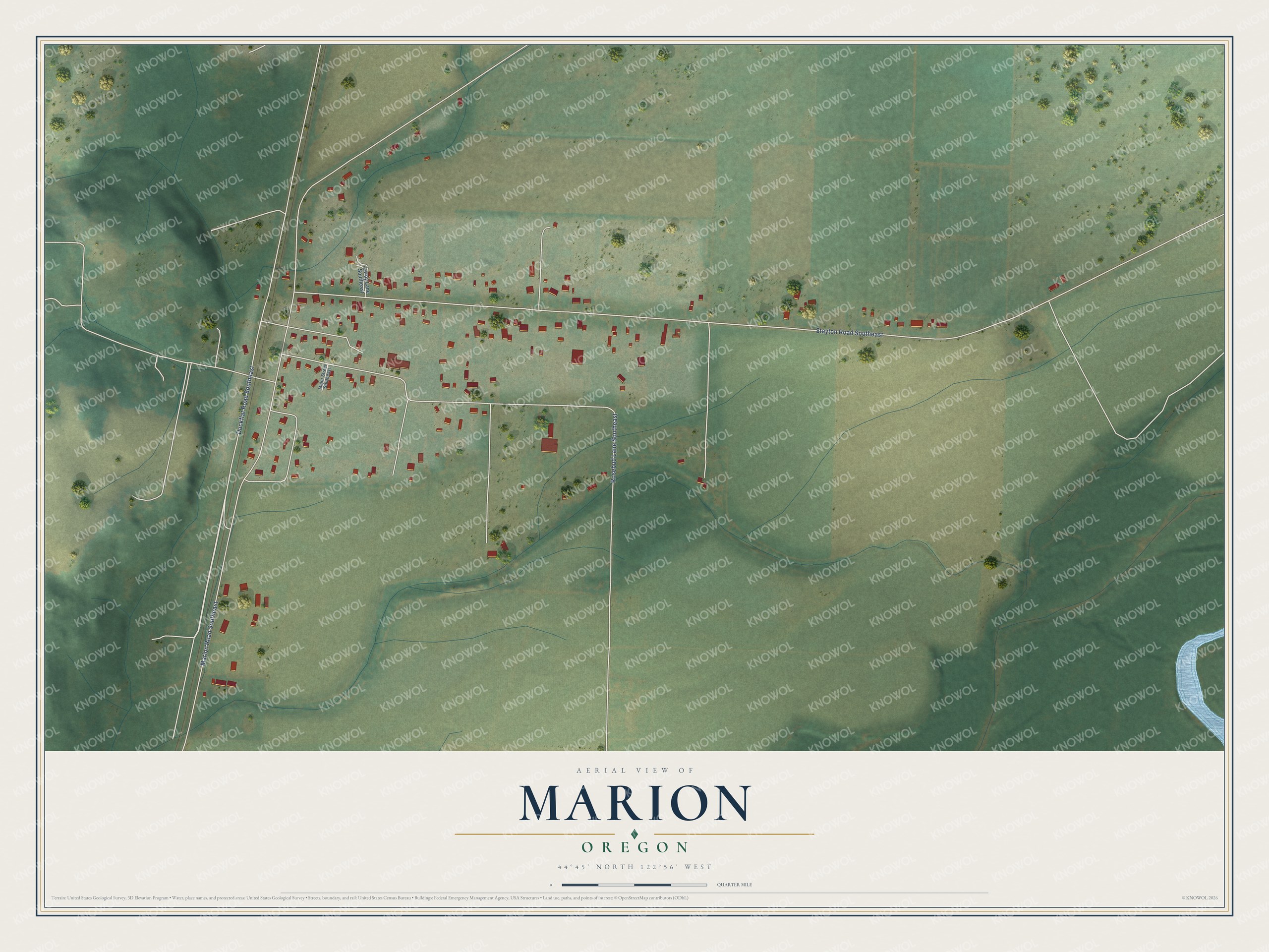Full map of Marion, Oregon, with red buildings, printed street names and the land around them